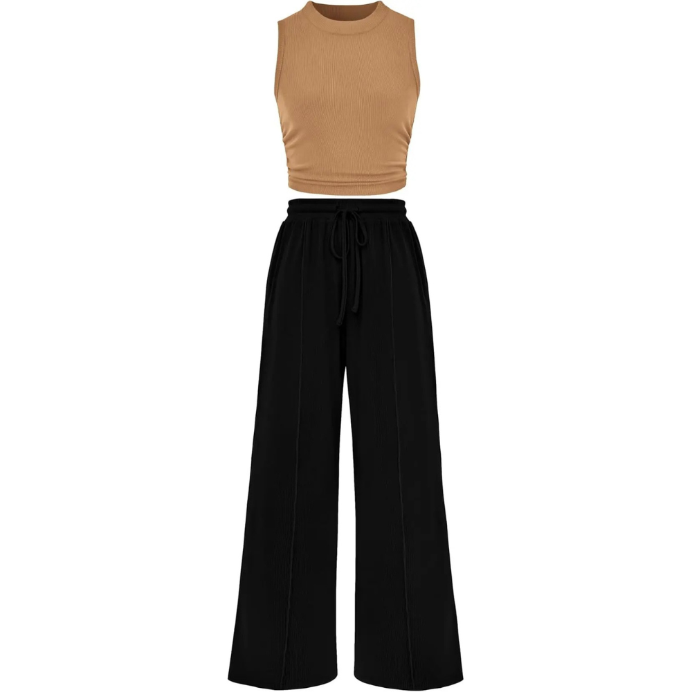 2 Piece Outfits Set With Sleeveless Crop Top And Wide Pants For Women