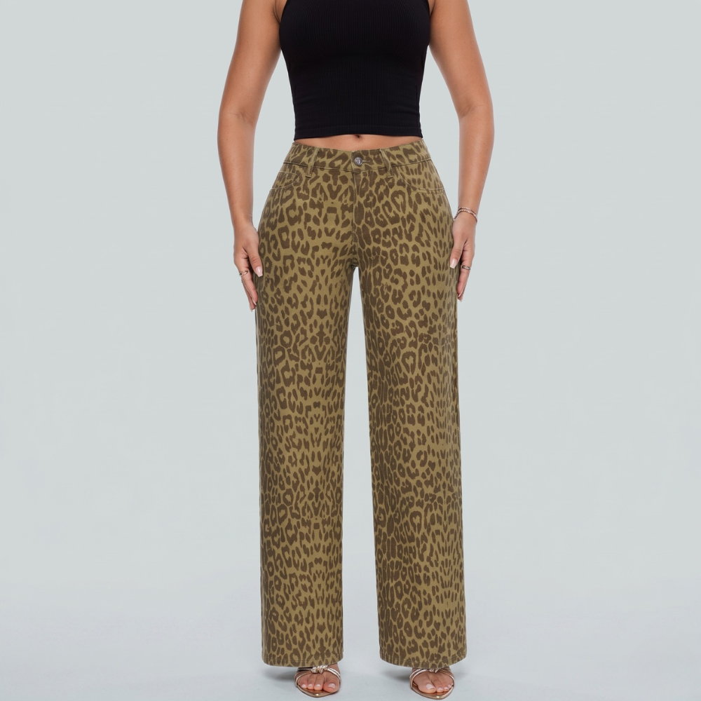 Leopard Print Loose Wide Fit Mid Rise Baggy Jeans For Women 