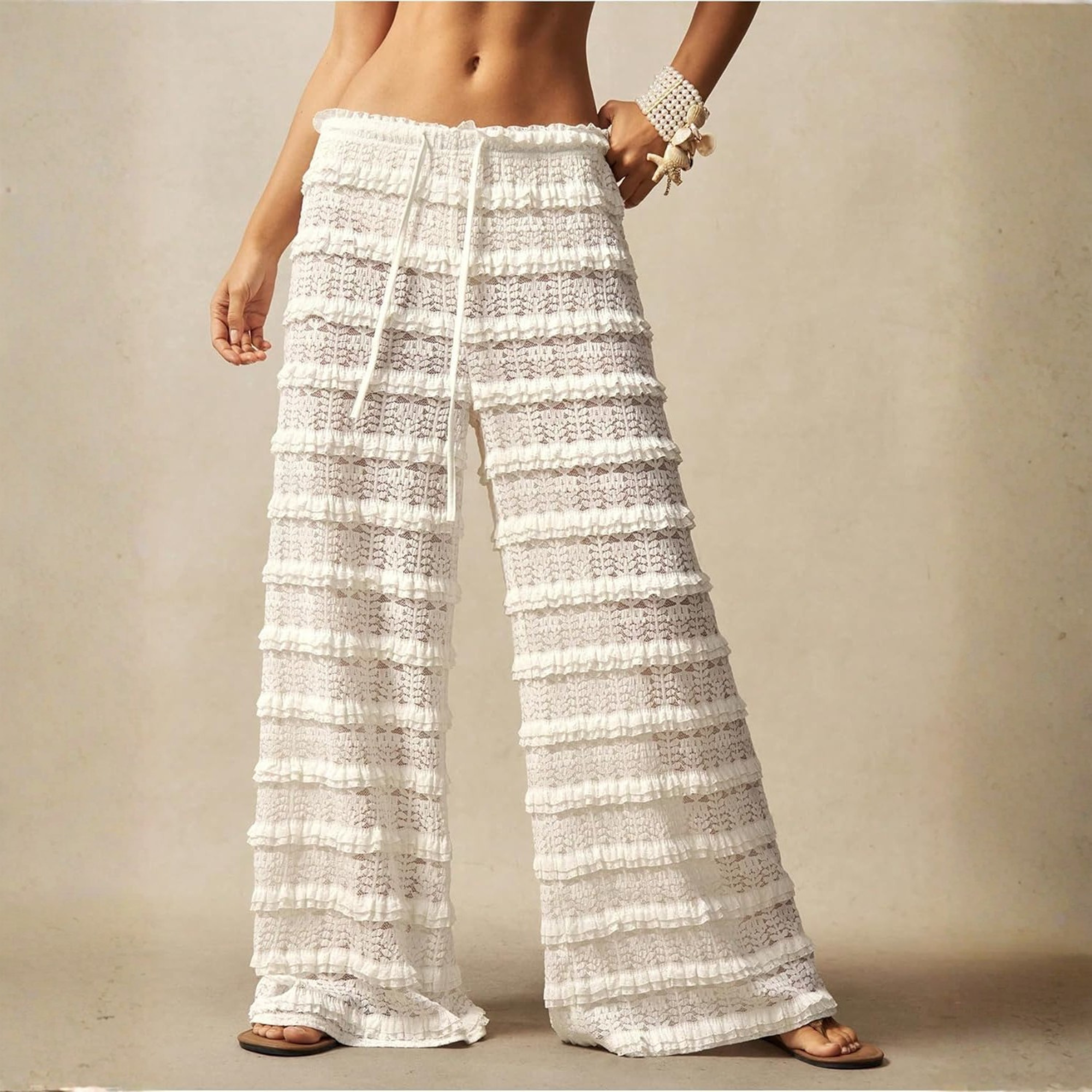 Lace Ruffle Mesh Layered Bathing Suit Pants Beach For Women