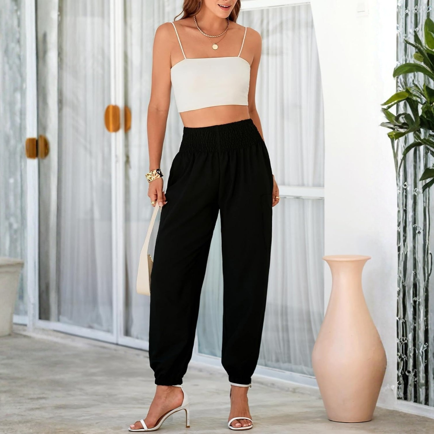 Casual Boho Summer Business Smocked High Long Cargo Pants For Women with Pockets