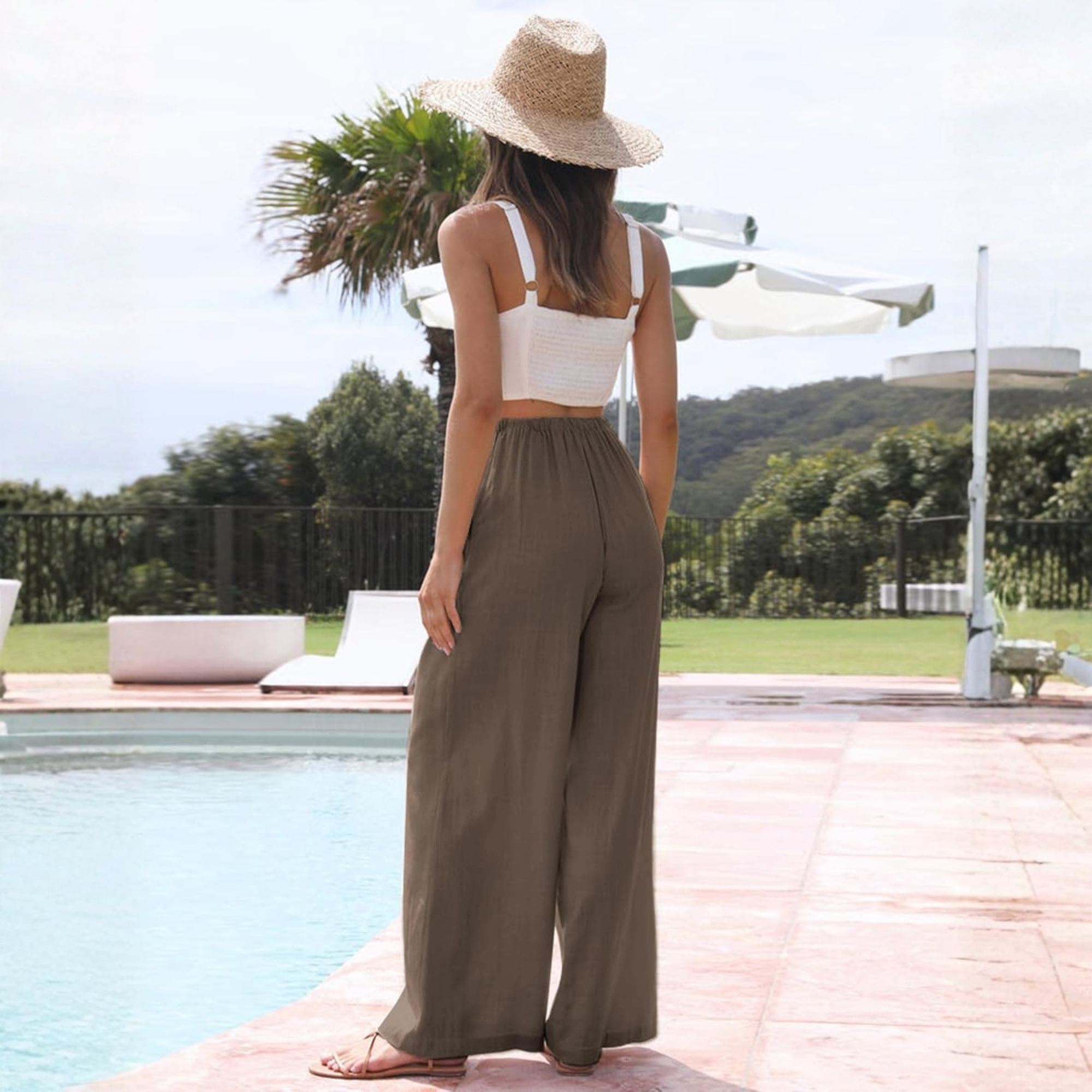 Cotton Linen Wide Leg Palazzo Pants with Pockets