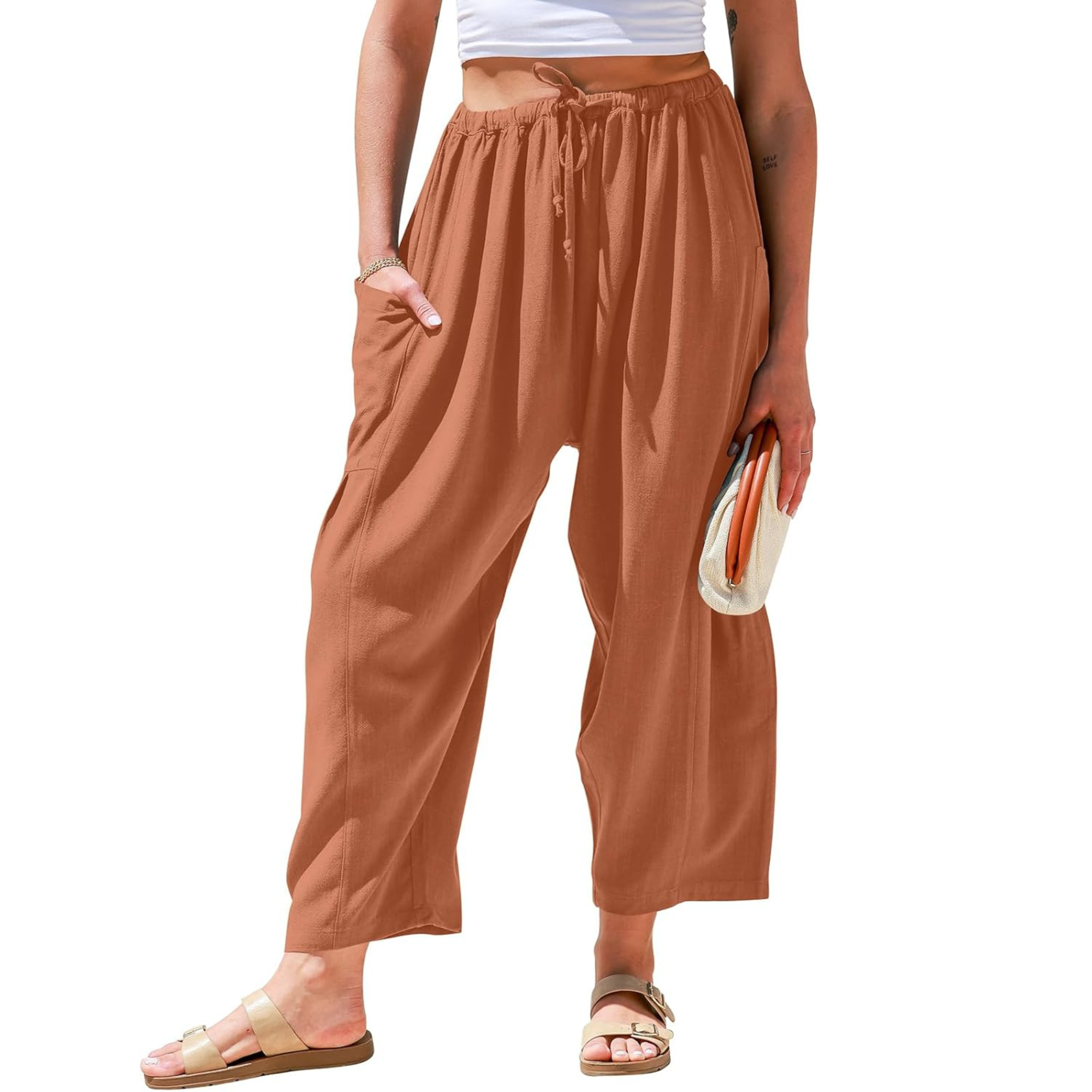 Linen Wide Leg Drawstring Palazzo Harem Pants Women