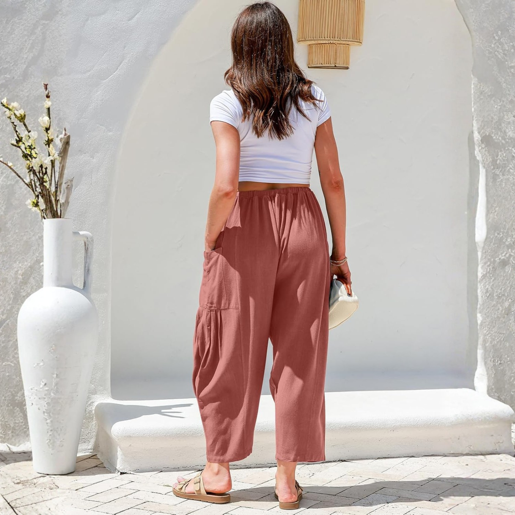 Linen Wide Leg Drawstring Palazzo Harem Pants Women