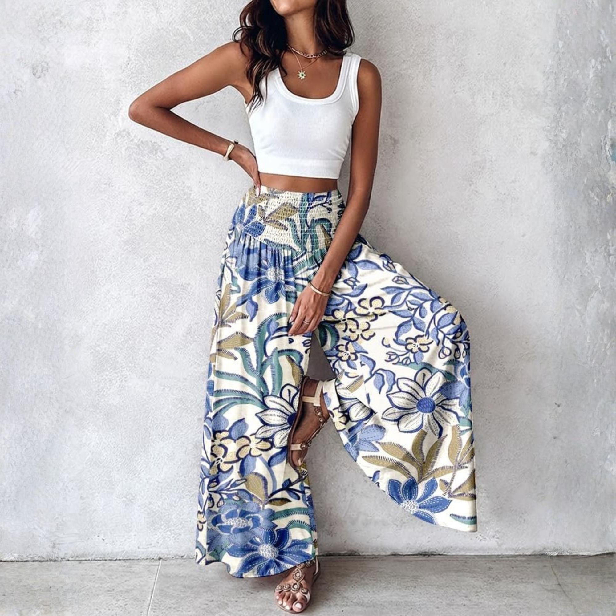 Boho Floral High Waisted Wide Leg Beach Pants