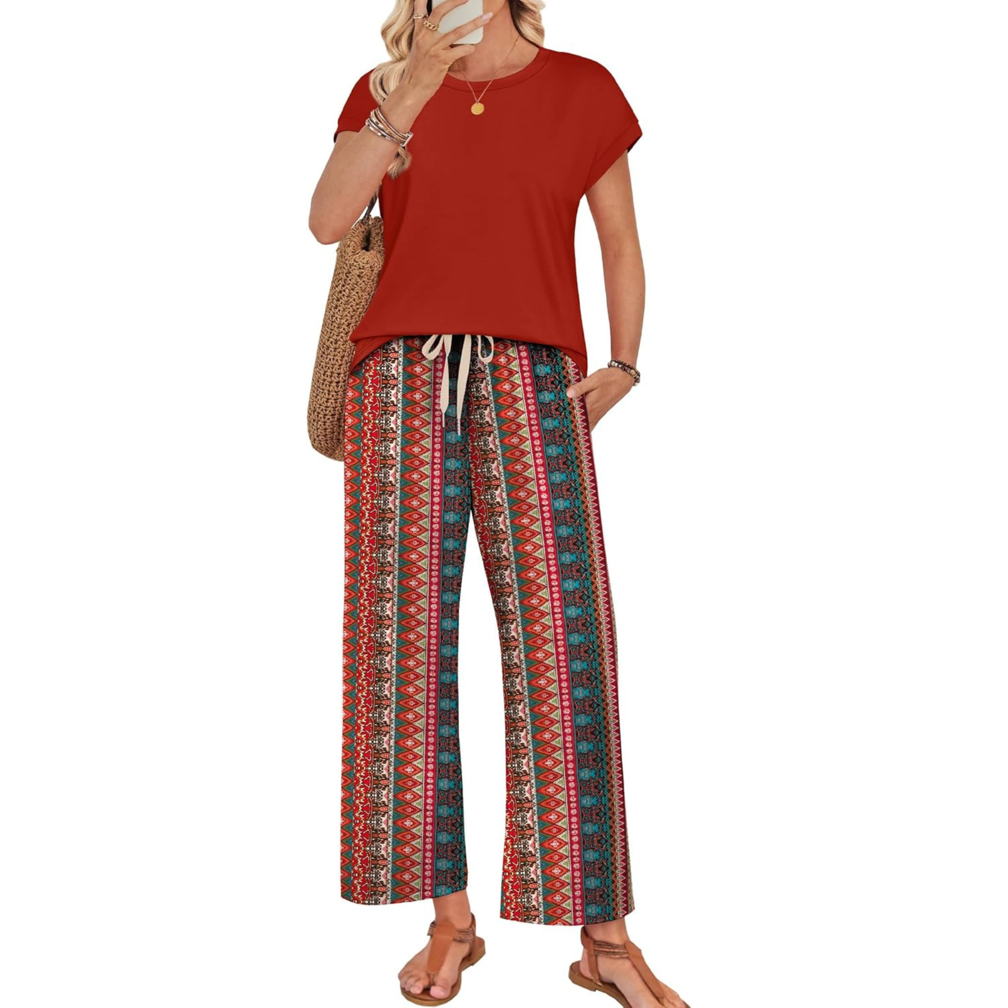 Women Two Piece Lounge Set with Wide Leg Pants
