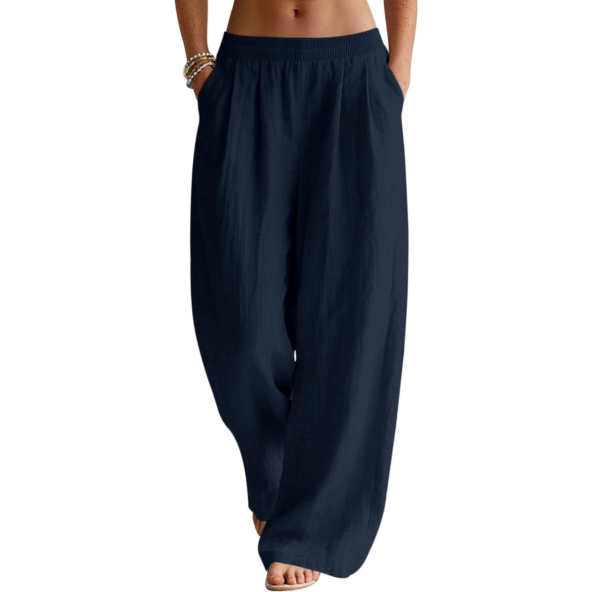 Linen Wide Leg Palazzo Pants with Elastic Waist Pockets