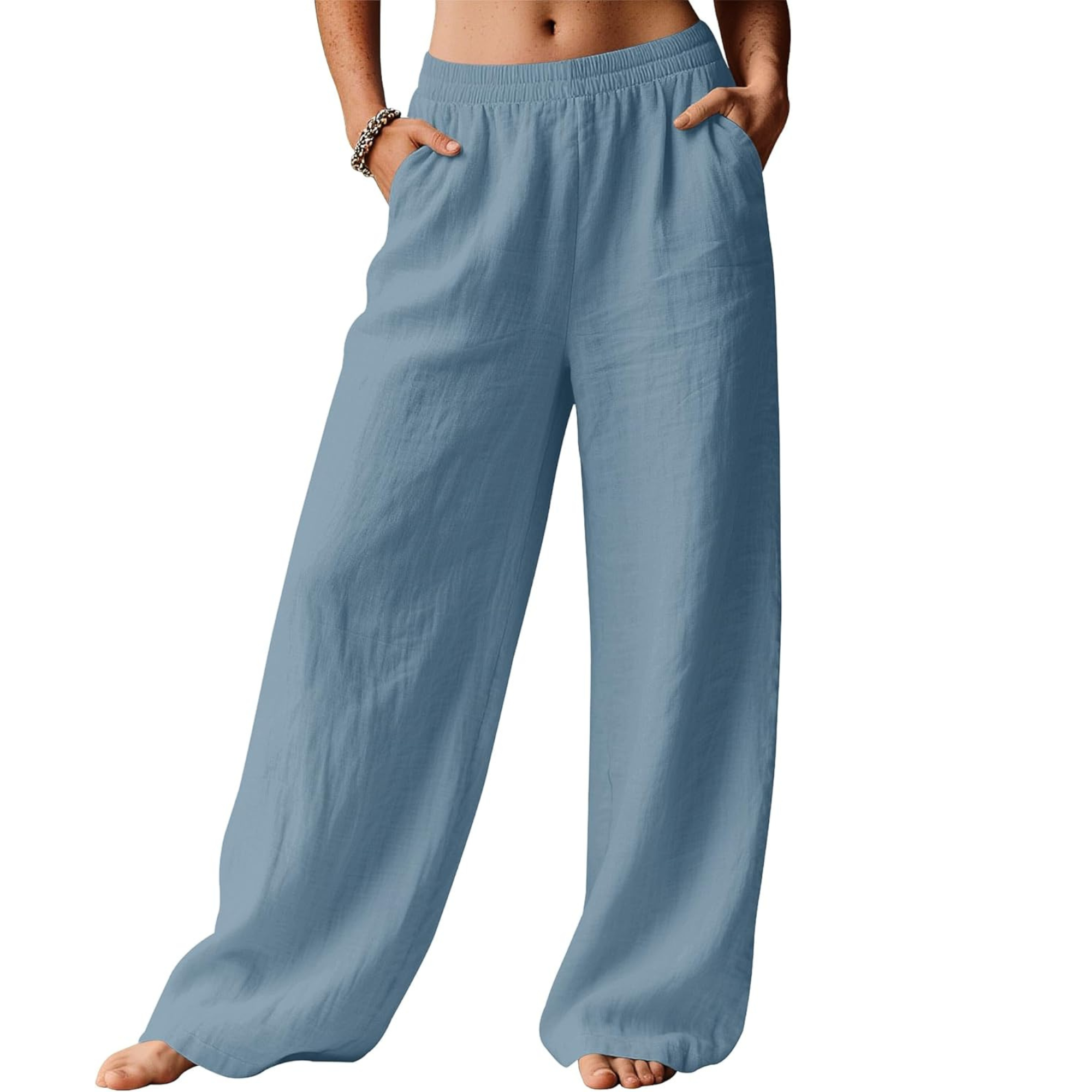 Linen Wide Leg Palazzo Pants with Elastic Waist Pockets