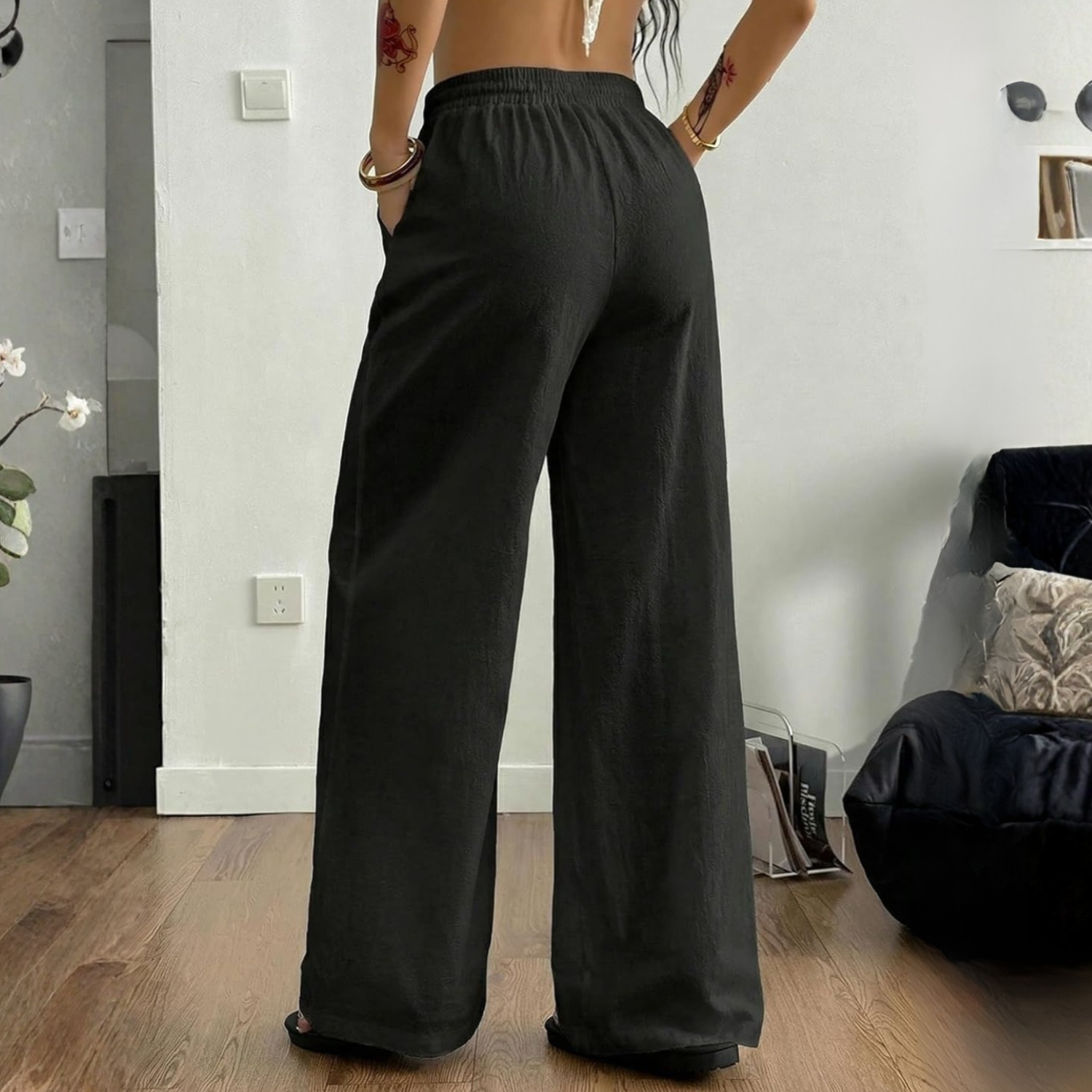 Boho Linen Wide Palazzo Drawstring Pants for Women