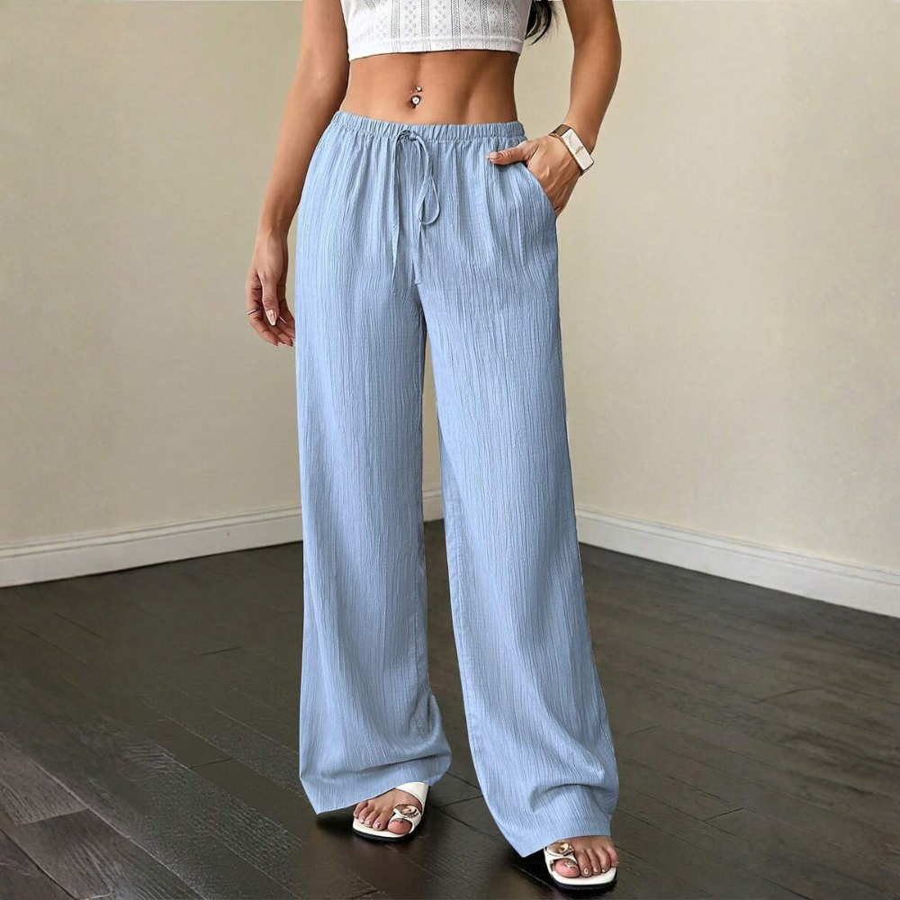 Solid Pocket Wide Loose Casual Pants For Women