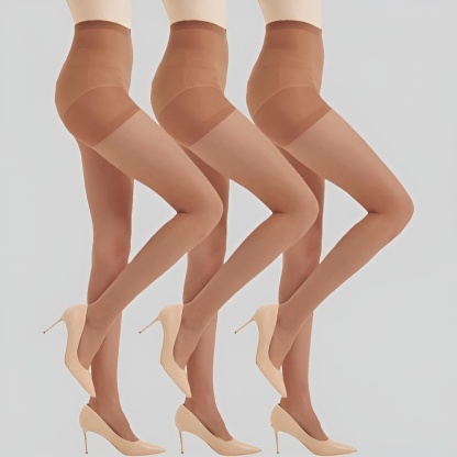 3 Pairs Women Sheer Black Tights with Control Top And Reinforced Toe Design