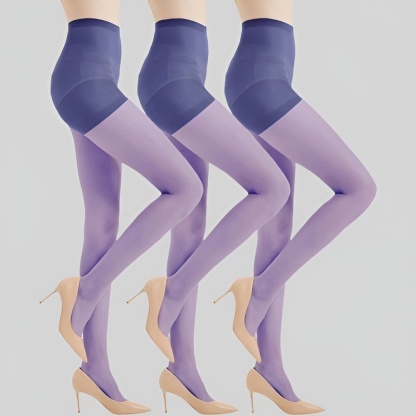 3 Pairs Women Sheer Black Tights with Control Top And Reinforced Toe Design