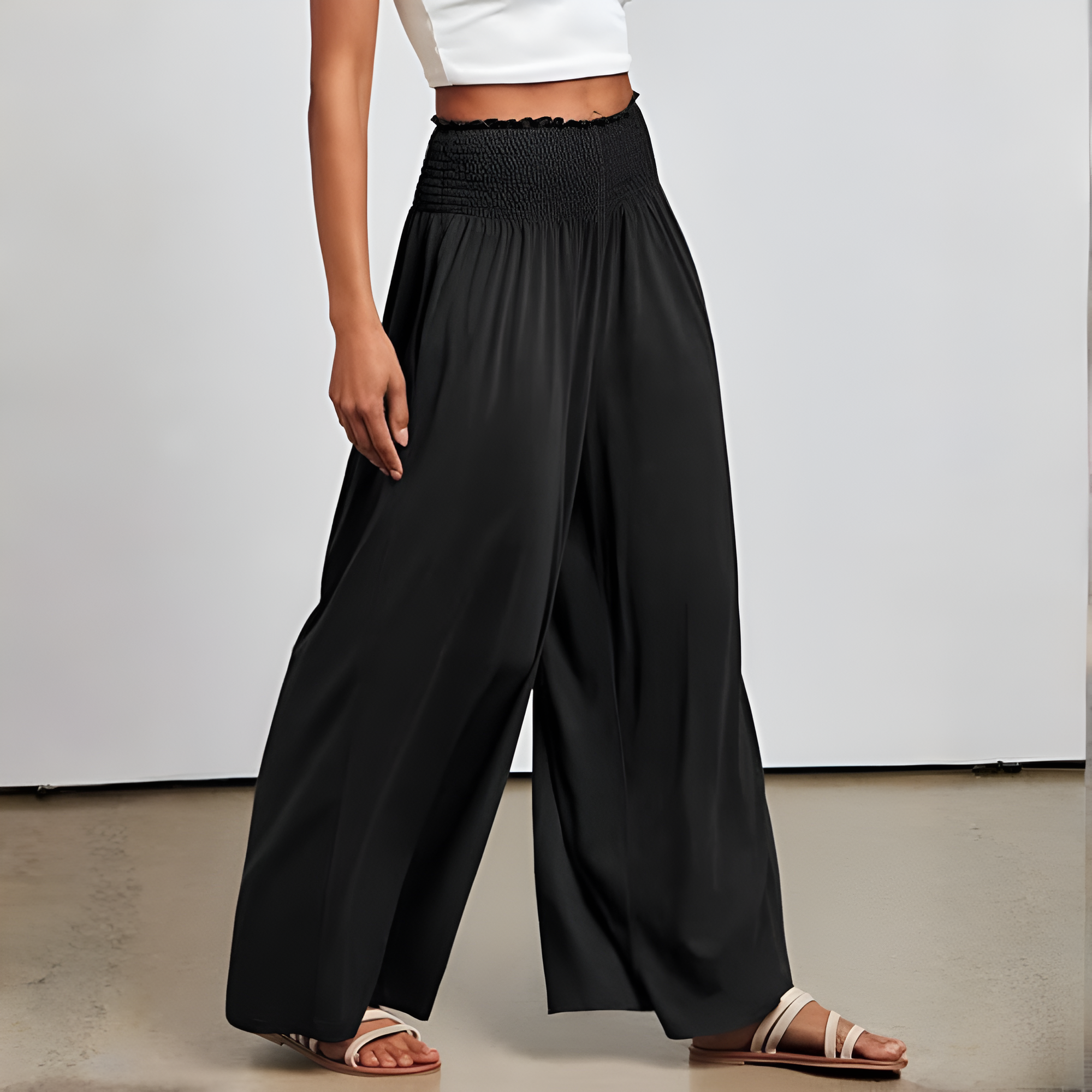 Casual Smocked Waist Wide Shank PantsSummer Boho Palazzo Pants With Baggy Fit And Loose Lounge Design For Women - Image 5