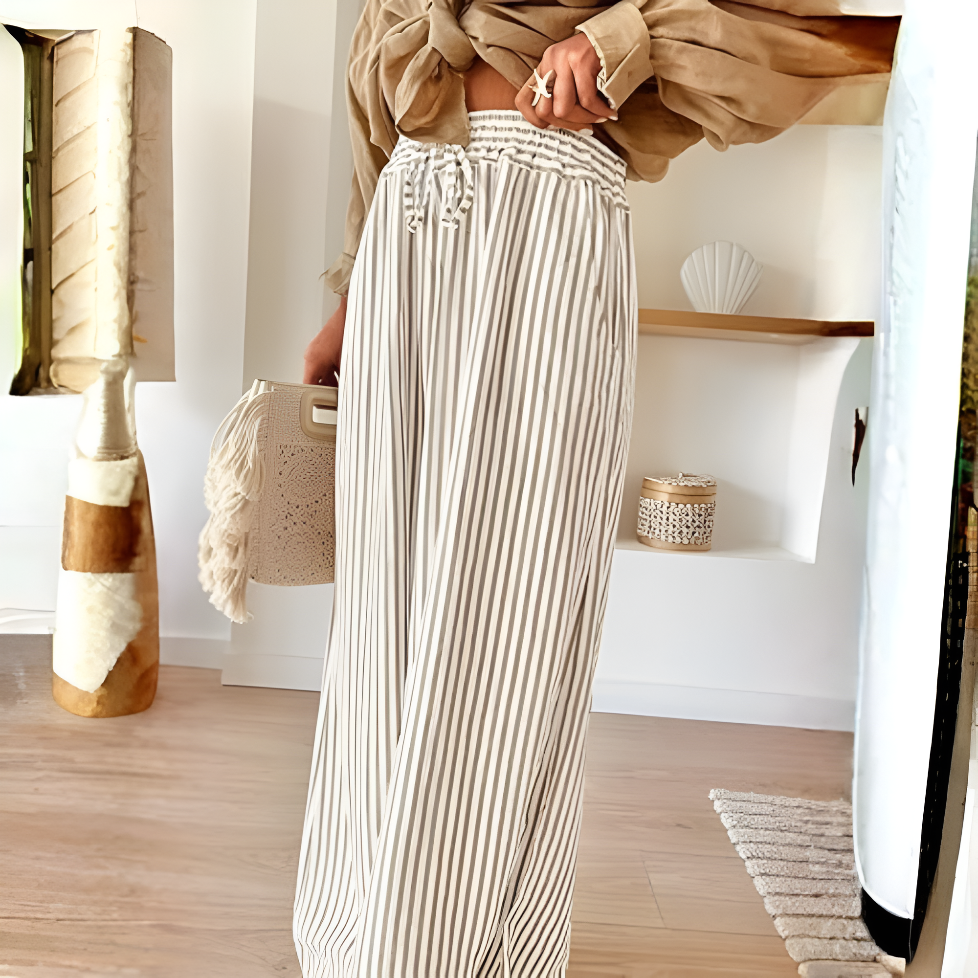Women Casual Drawstring Elastic Waist Striped Wide Leg Pants with Pockets