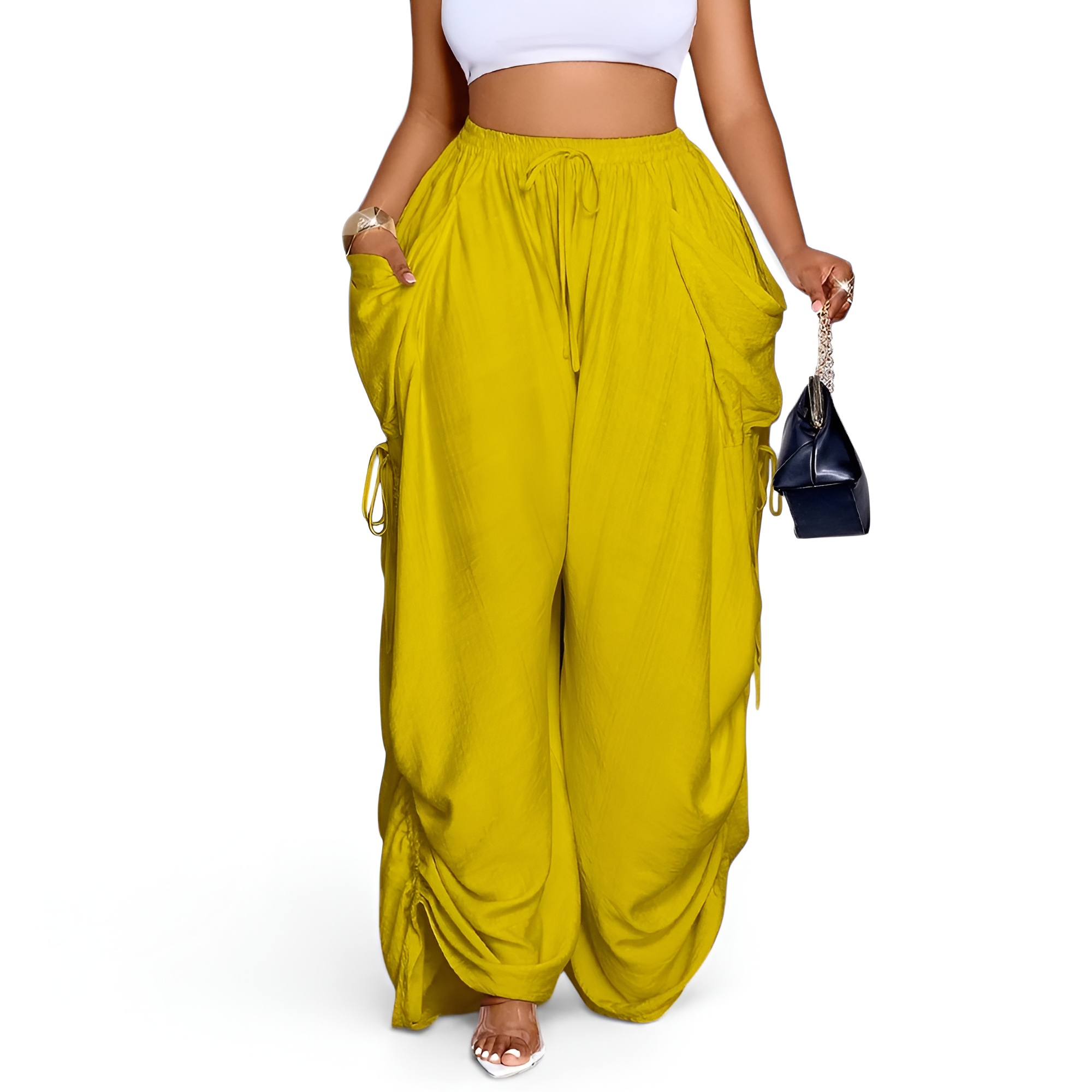 Womens Casual Loose Fit Wide Leg Drawstring Pants
