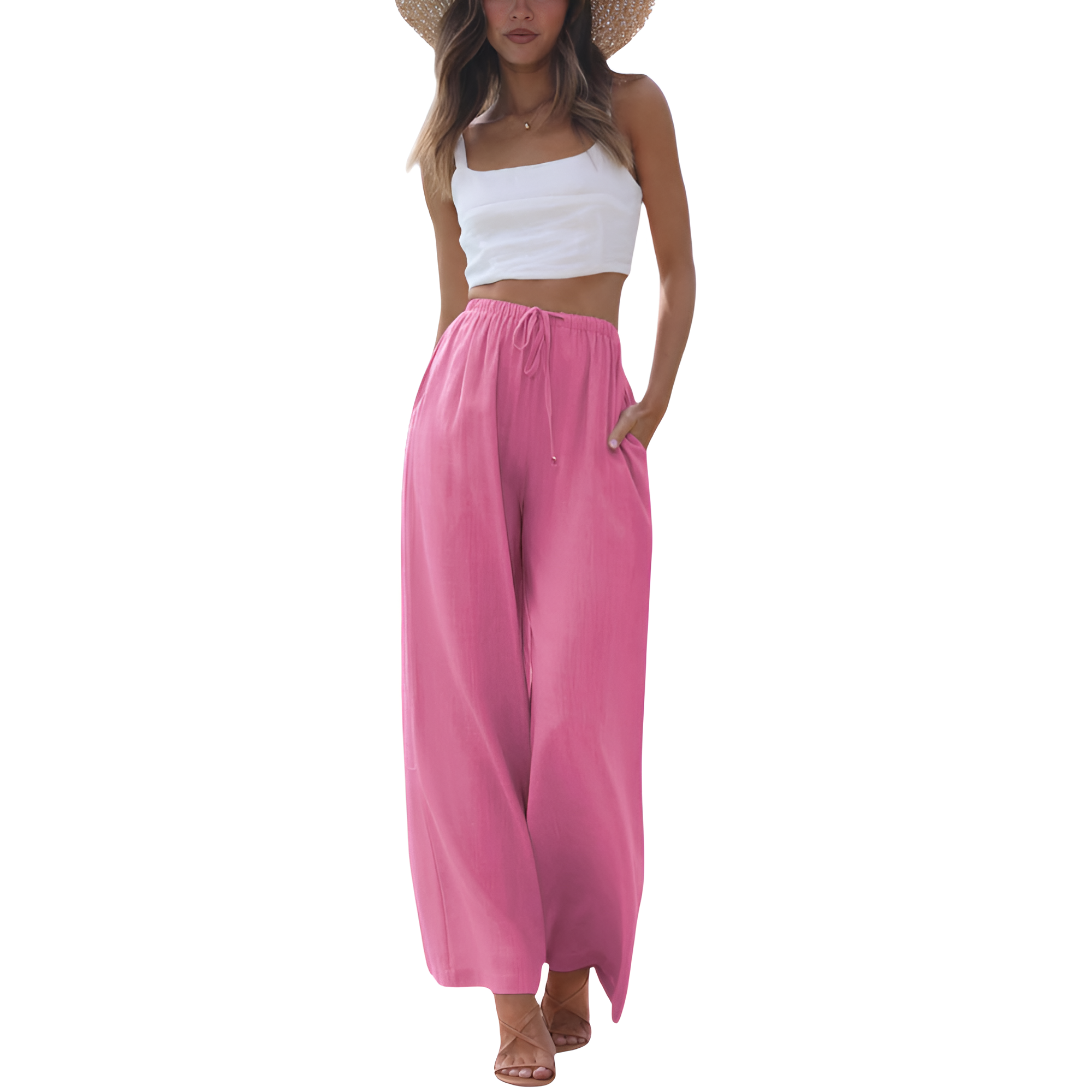 Flowy Summer Wide Fit Beach Palazzo Pants With Pockets For Women
