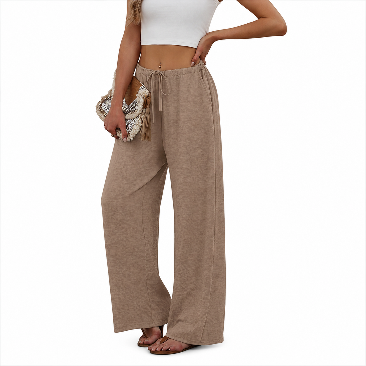 Flowy Palazzo Pants With Pockets And Drawstring Style For Women