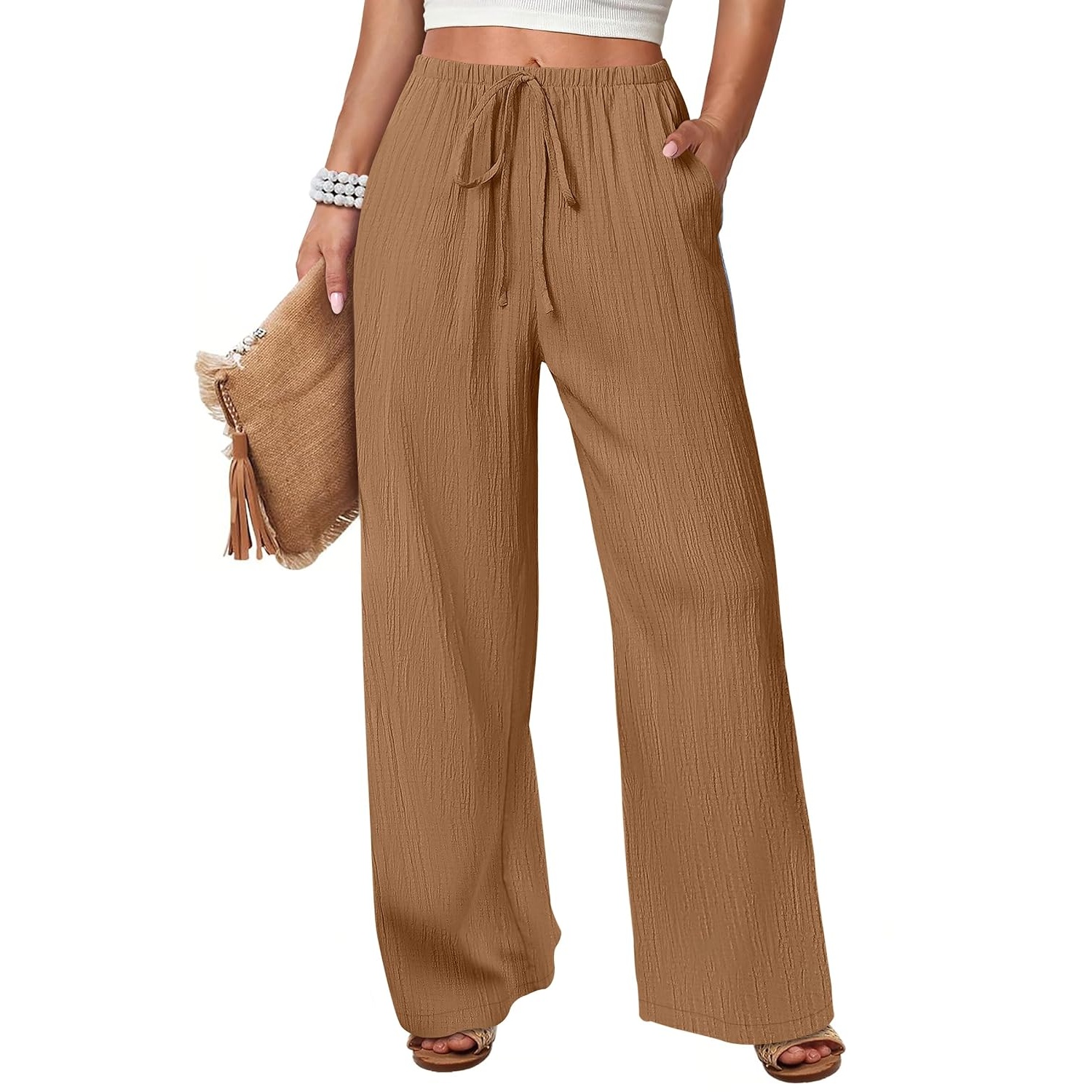 Casual Flowy Drawstring Palazzo Pants With Pockets
