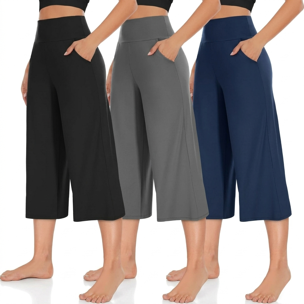 Pack Of 3 Wide Fit High Rise Pants Pockets For Women