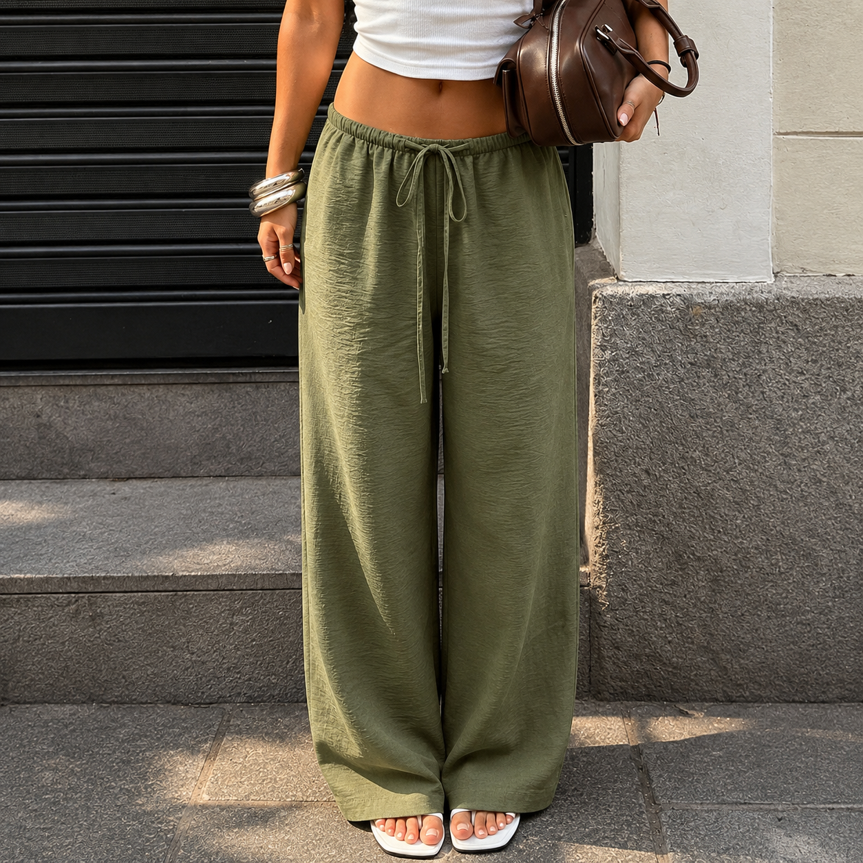 Linen Style High Rise Casual Pants For Everyday Vacation Women