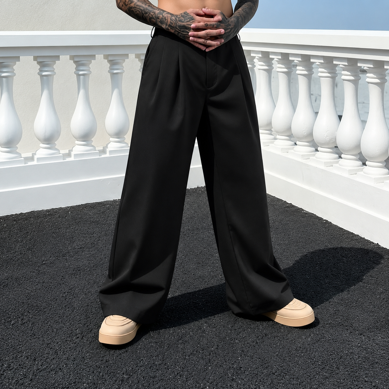 Loose Fit Pleated Casual Trousers With Button Detail For Men