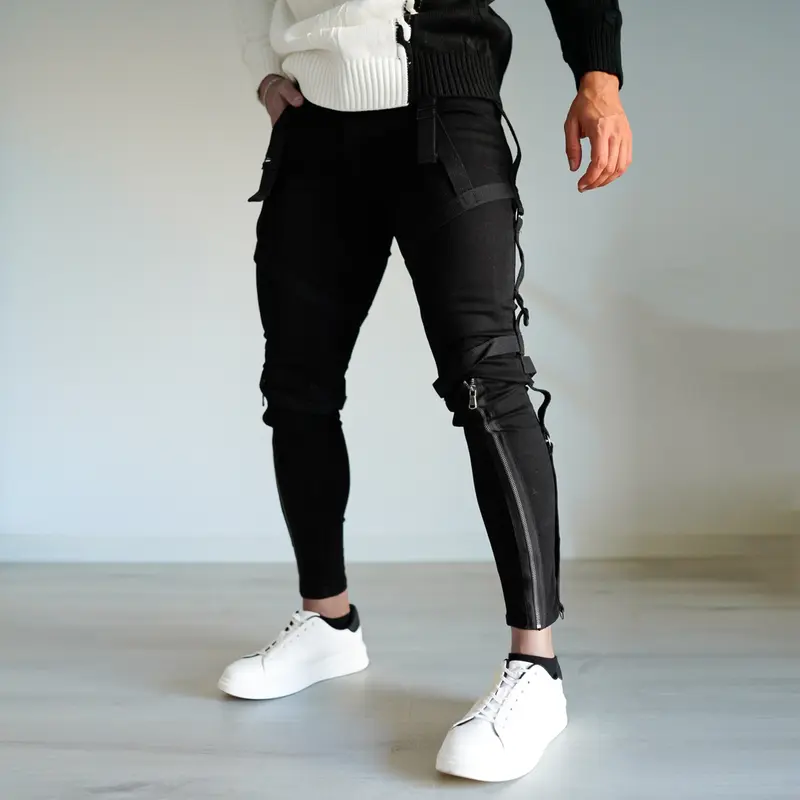  Hip Hop Tapered Slim Fit Zipper Jeans For Men