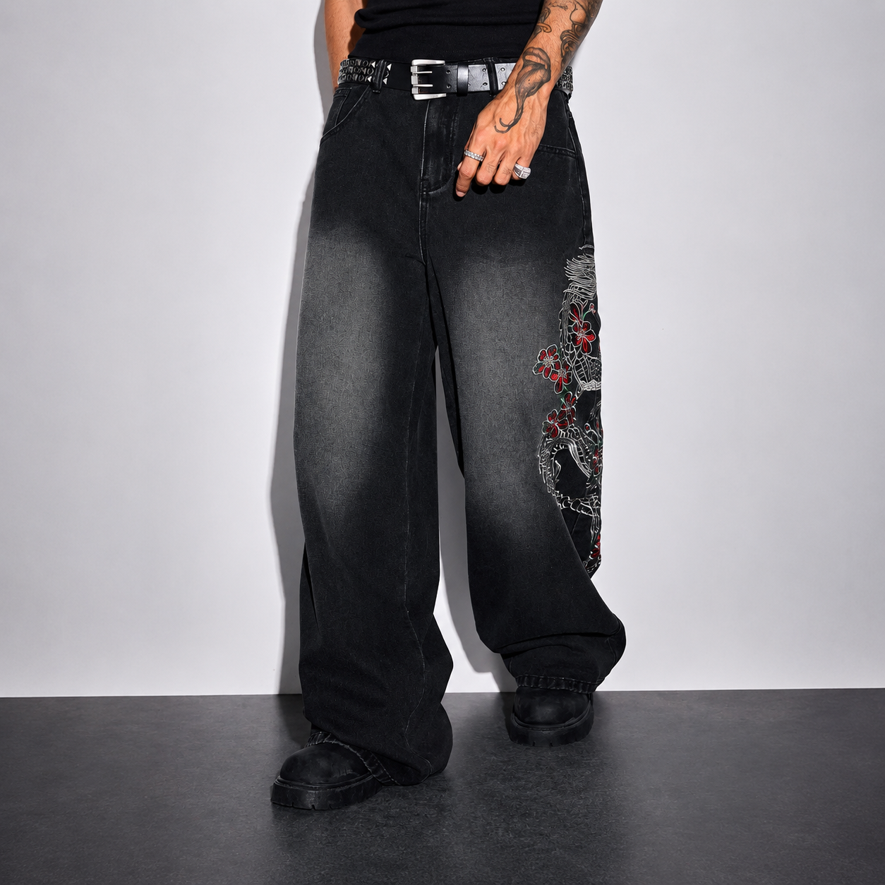 Casual Wide Loose Retro Vintage Embroidery Pants For Men