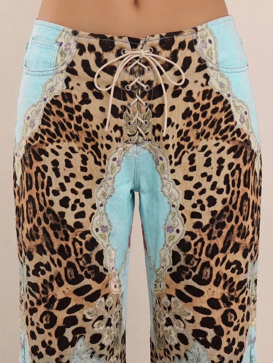 MUSERA Peacock Print Lace Up Straight Leg Printed Jeans Coo - Blue - View 5