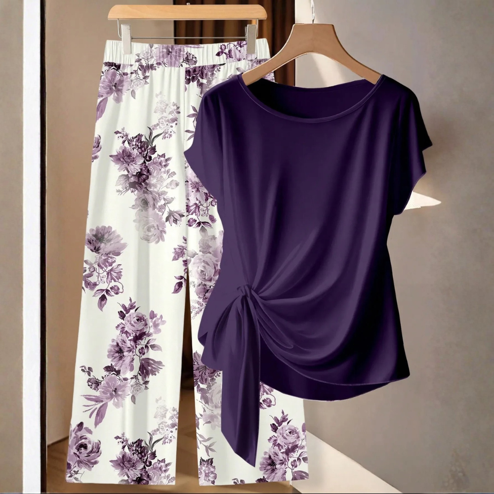 Casual Bowknot Shirt & Loose Straight Geometric Print Pants Set
