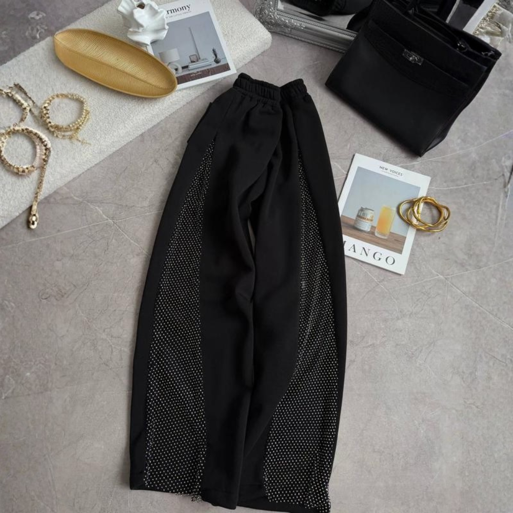 Women's warm trousers with mesh and rhinestonesOversized Warm Pants With Mesh Rhinestone Side Panels For Women - Image 6