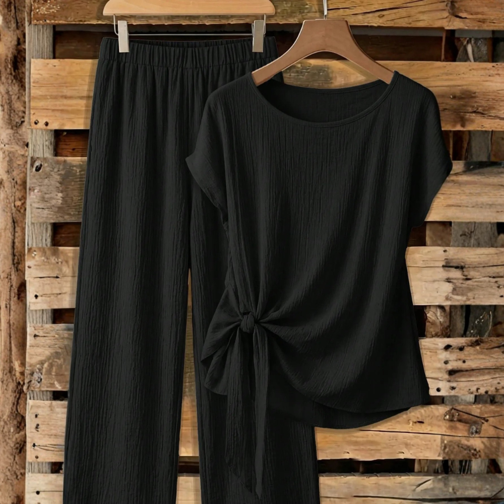 Casual Bowknot Shirt & Loose Straight Geometric Print Pants Set
