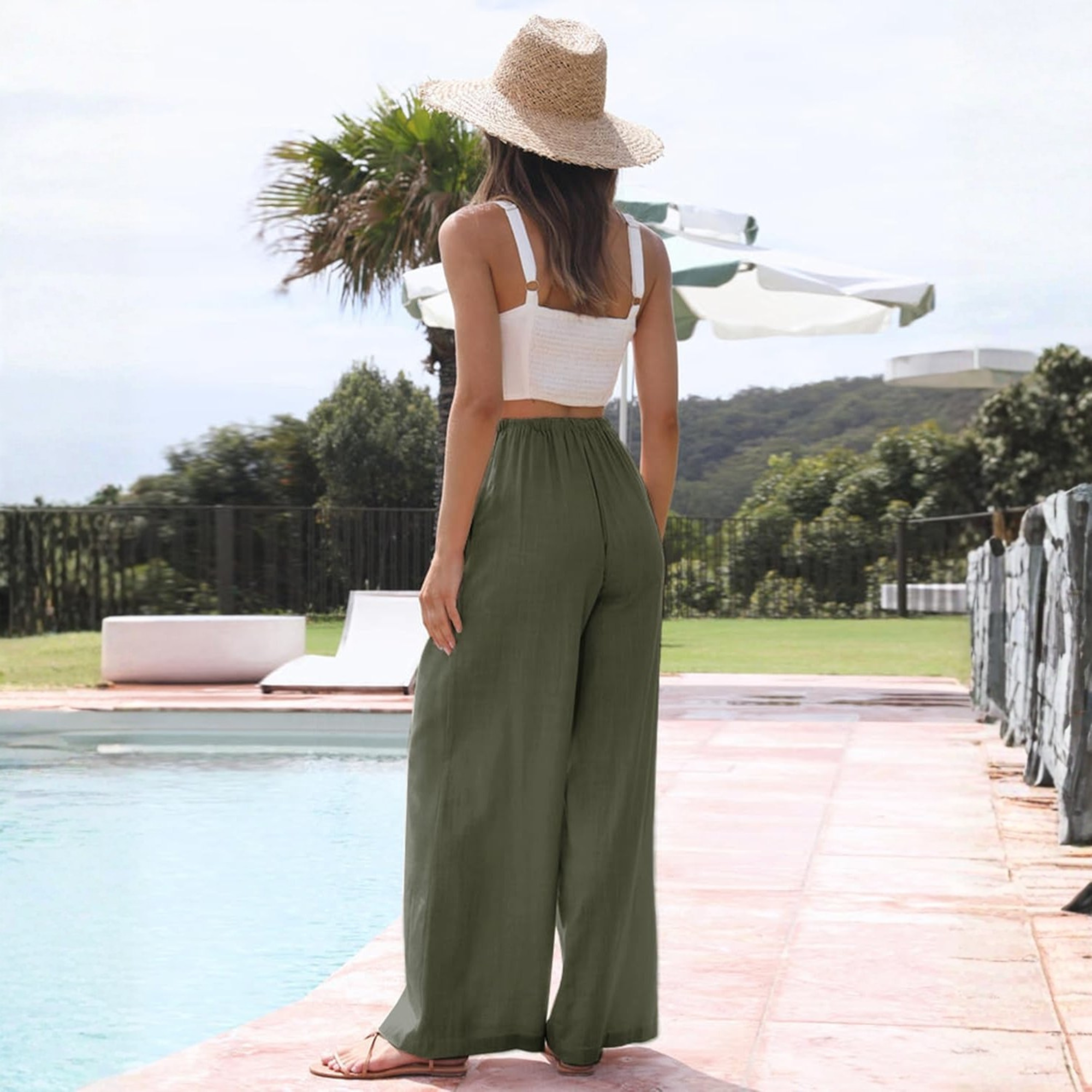 Cotton Linen Wide Leg Palazzo Pants with Pockets
