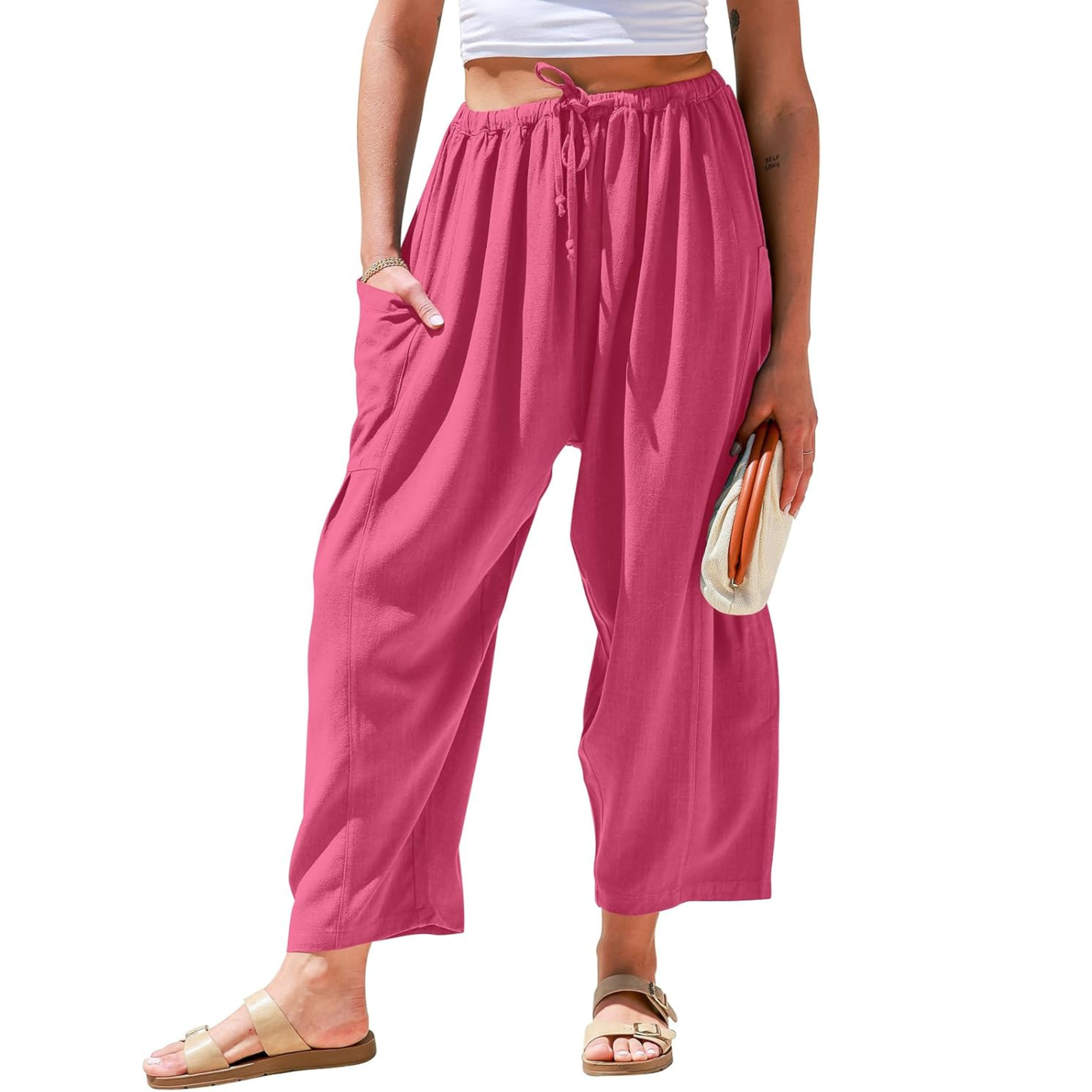 Linen Wide Leg Drawstring Palazzo Harem Pants Women