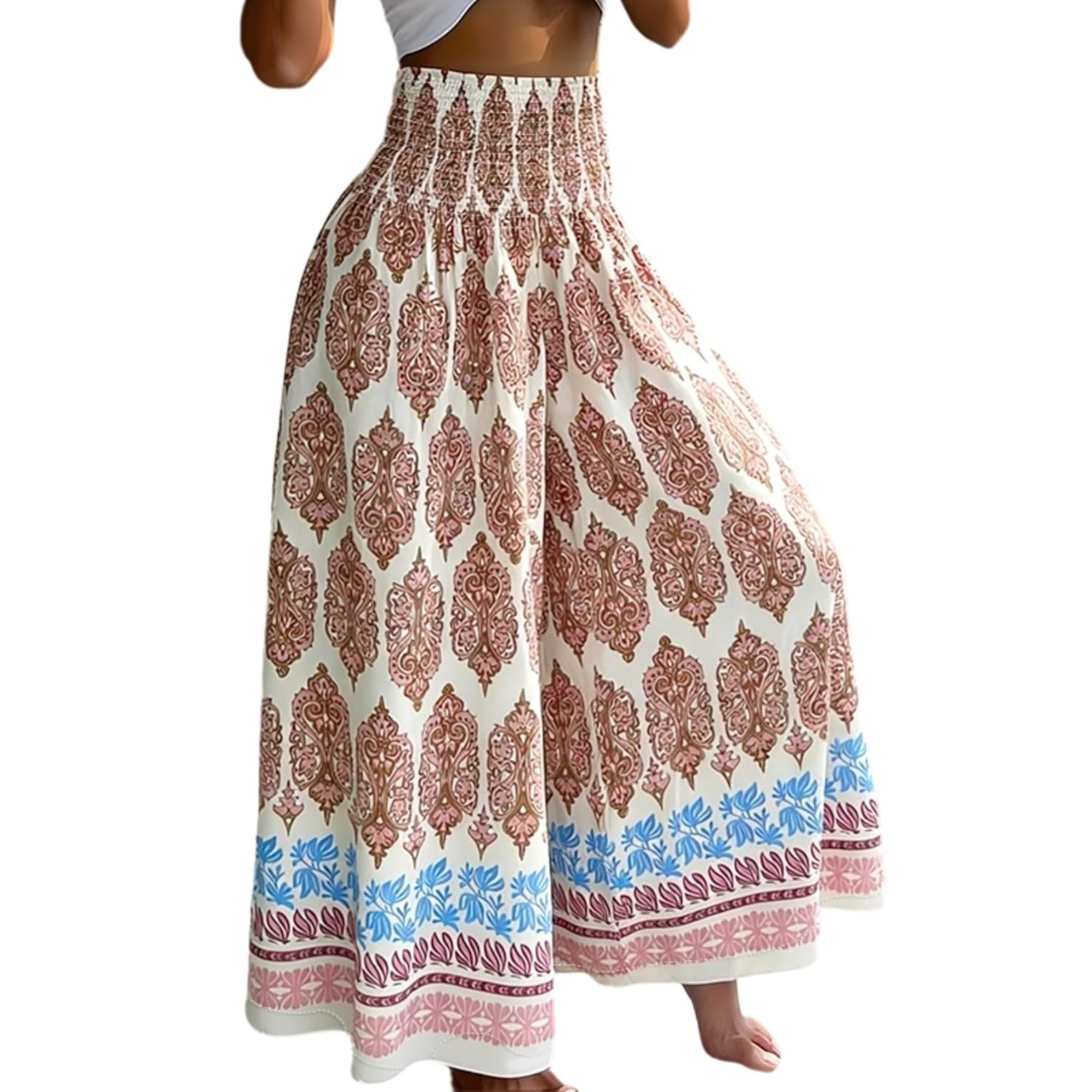 Boho Floral High Waisted Wide Leg Beach Pants