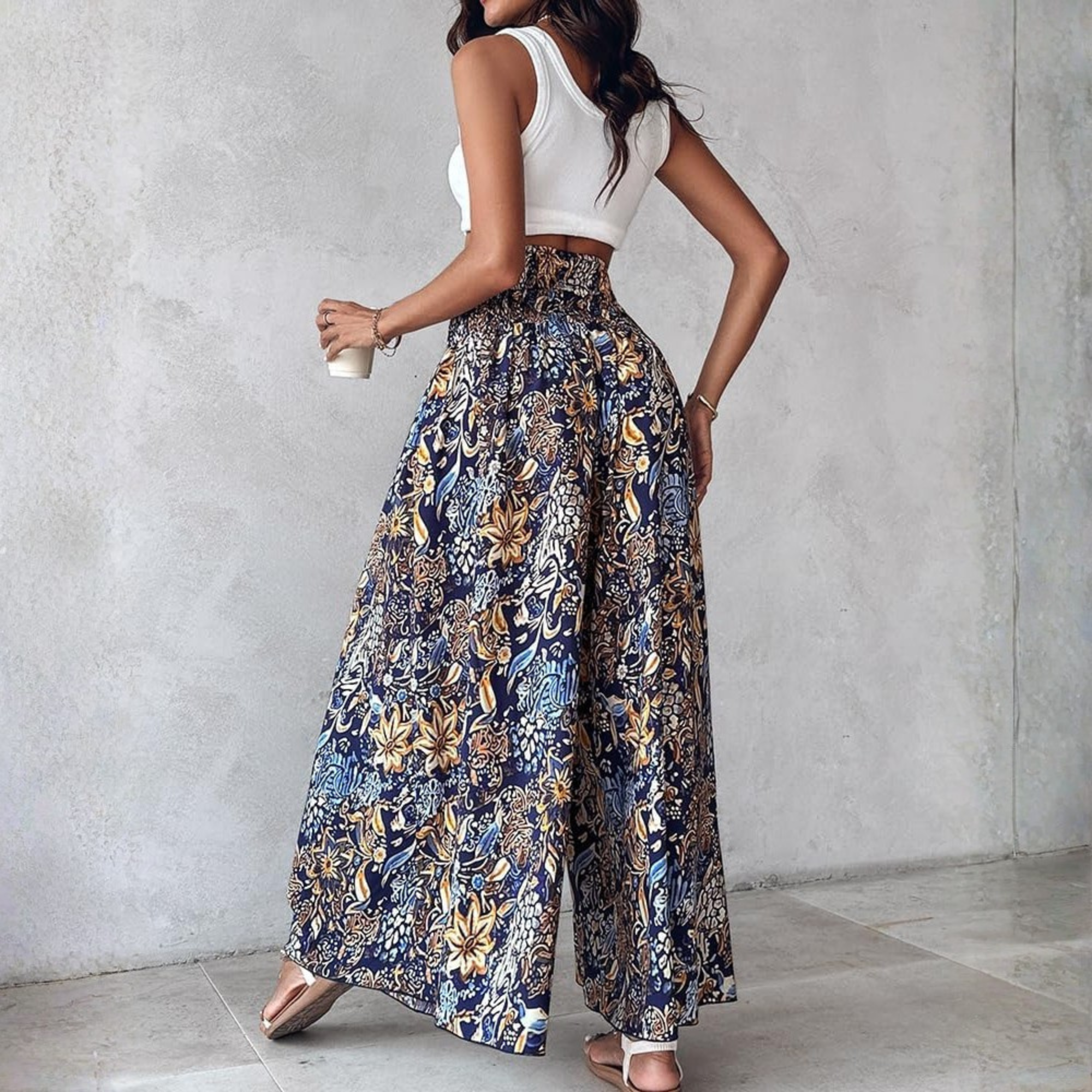 Boho Floral High Waisted Wide Leg Beach Pants