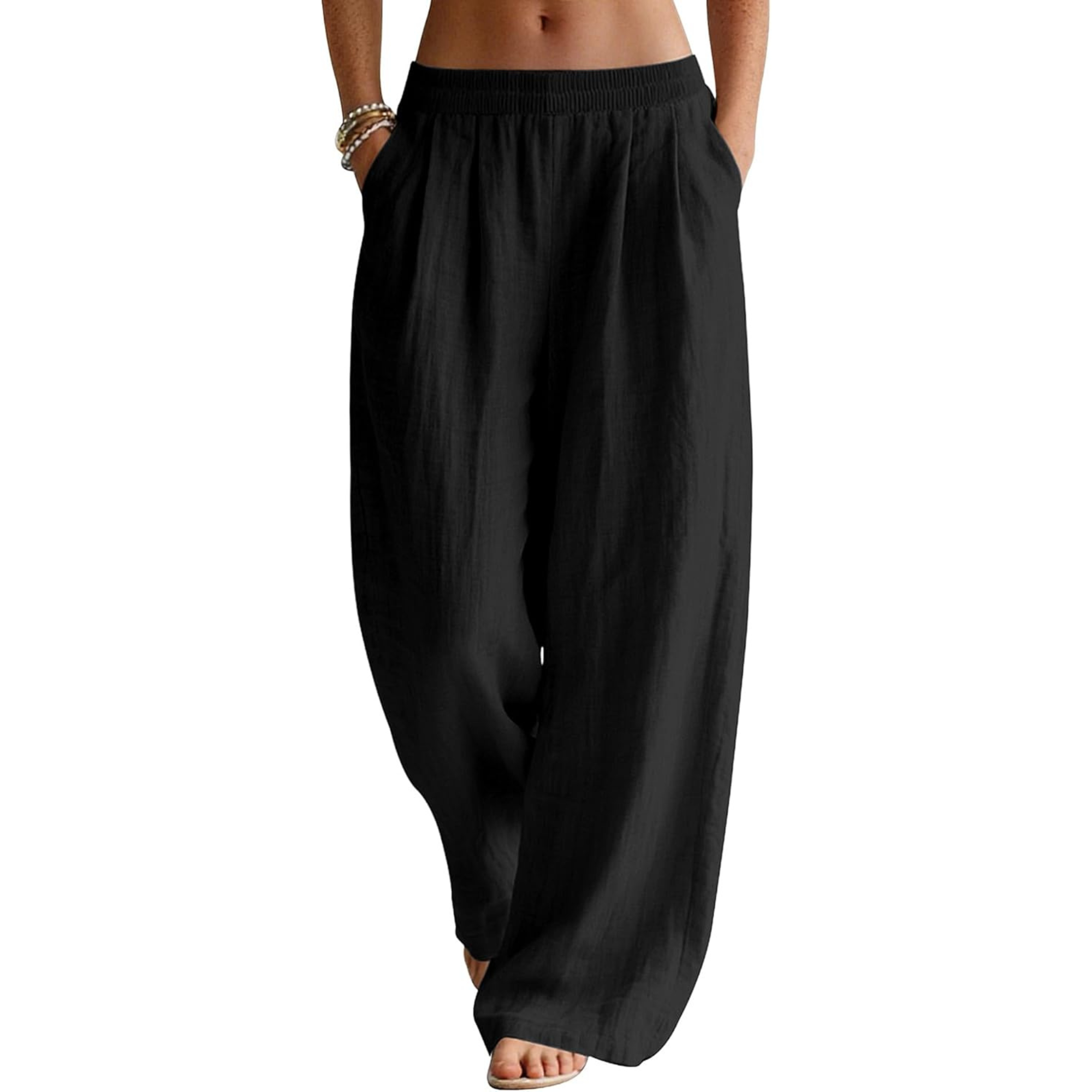 Linen Wide Leg Palazzo Pants with Elastic Waist Pockets