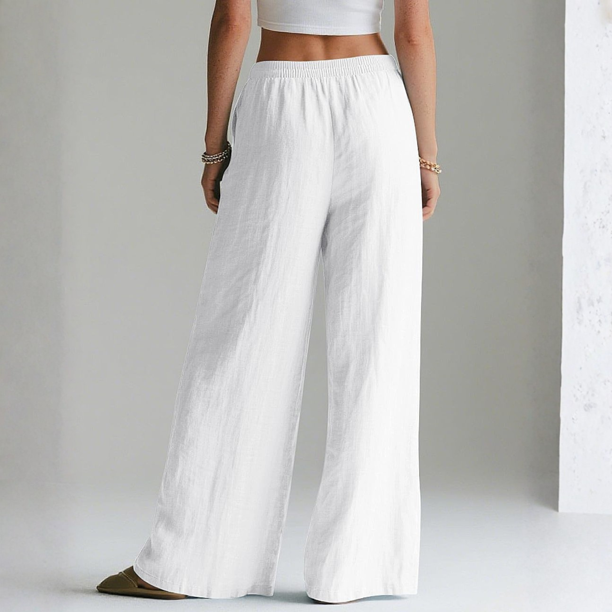 Linen Wide Leg Palazzo Pants with Elastic Waist Pockets