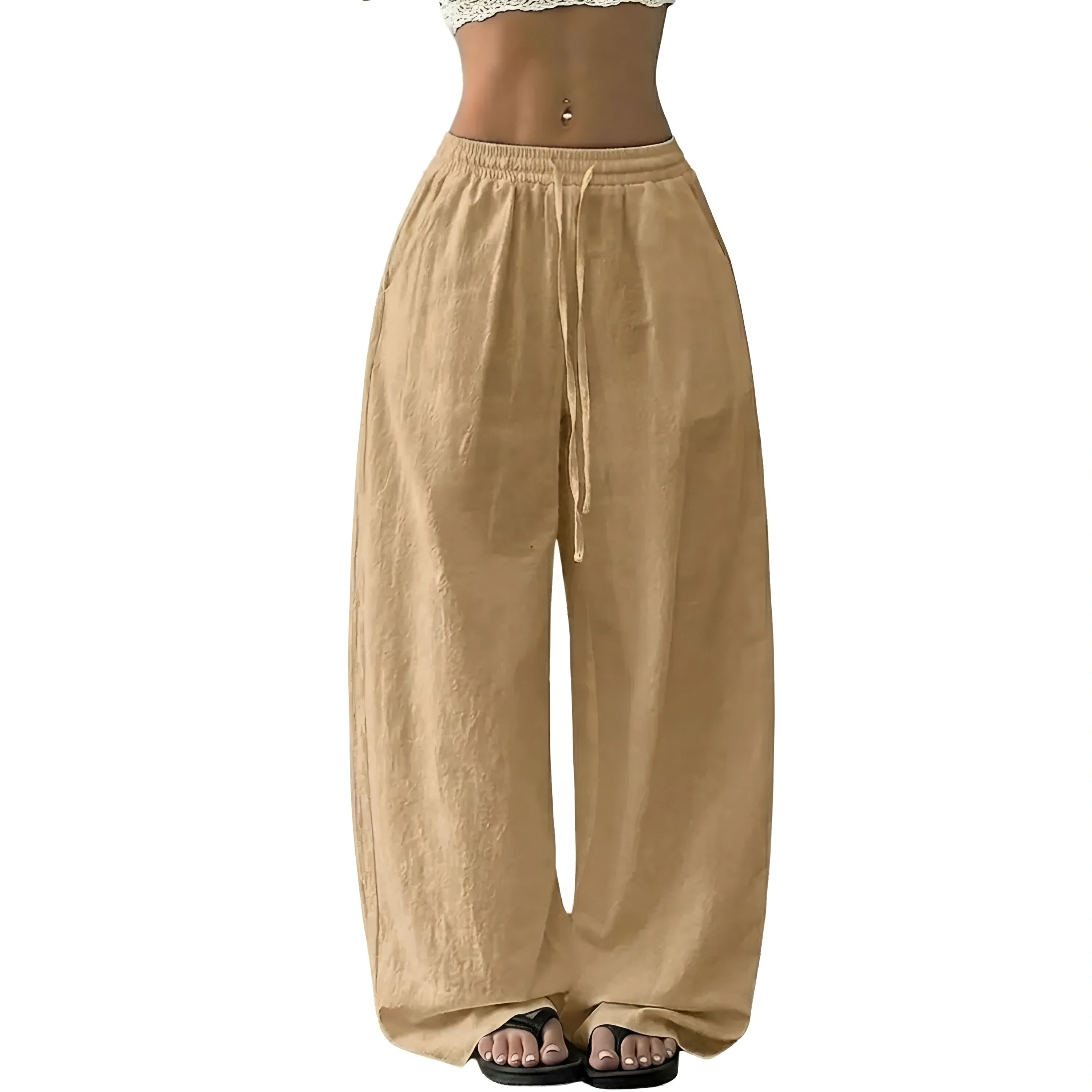 Boho Linen Wide Palazzo Drawstring Pants for Women