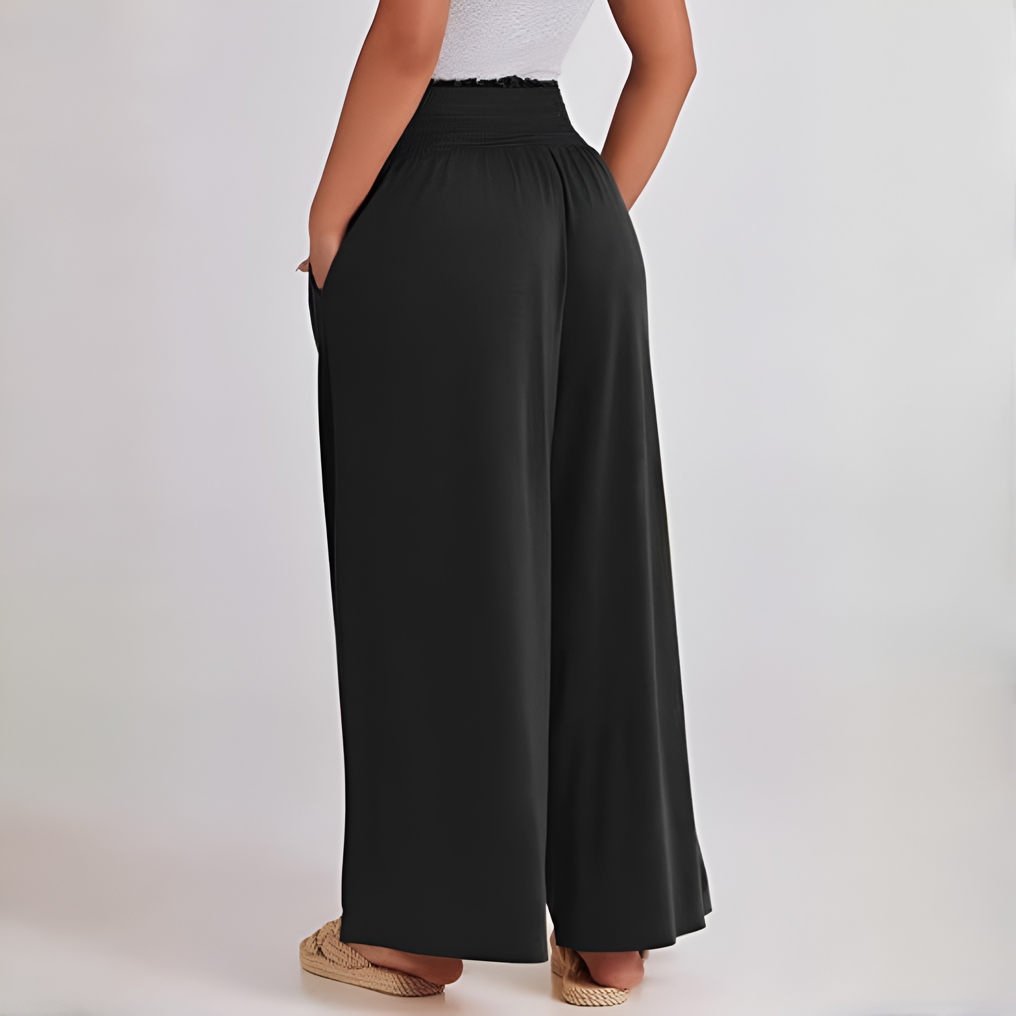 Casual Smocked Waist Wide Shank PantsSummer Boho Palazzo Pants With Baggy Fit And Loose Lounge Design For Women - Image 3