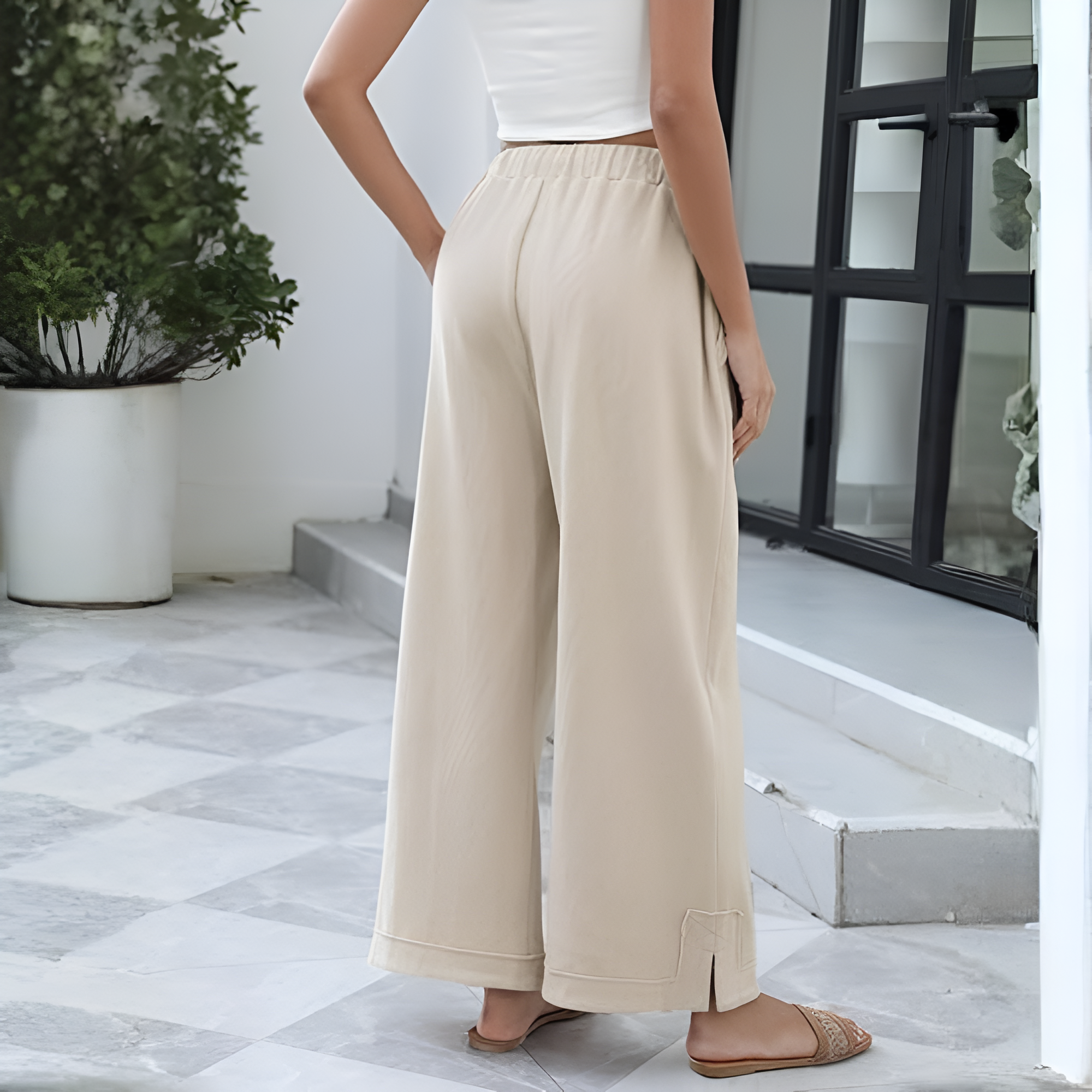 [Copy]High Waist Cropped Wide PantsLoose Fit Drawstring Wide Trousers - Image 4