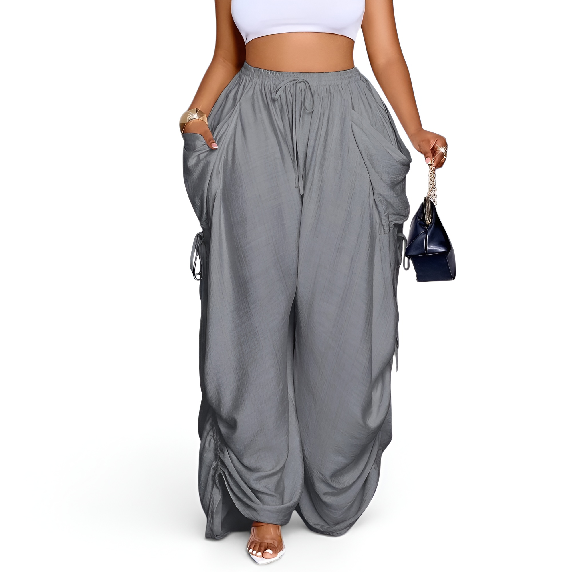 Womens Casual Loose Fit Wide Leg Drawstring Pants