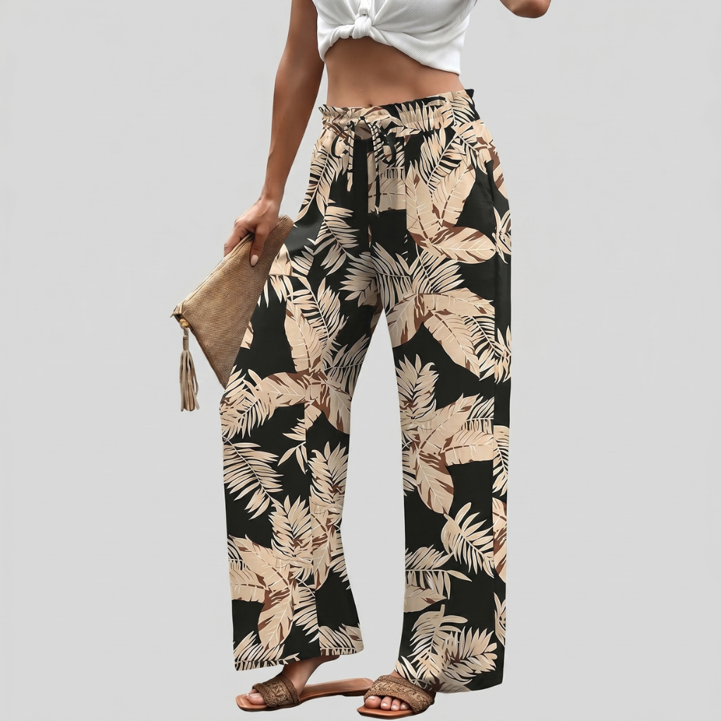 Loose Fit Printed Wide Drawstring Pants With Pockets For Women