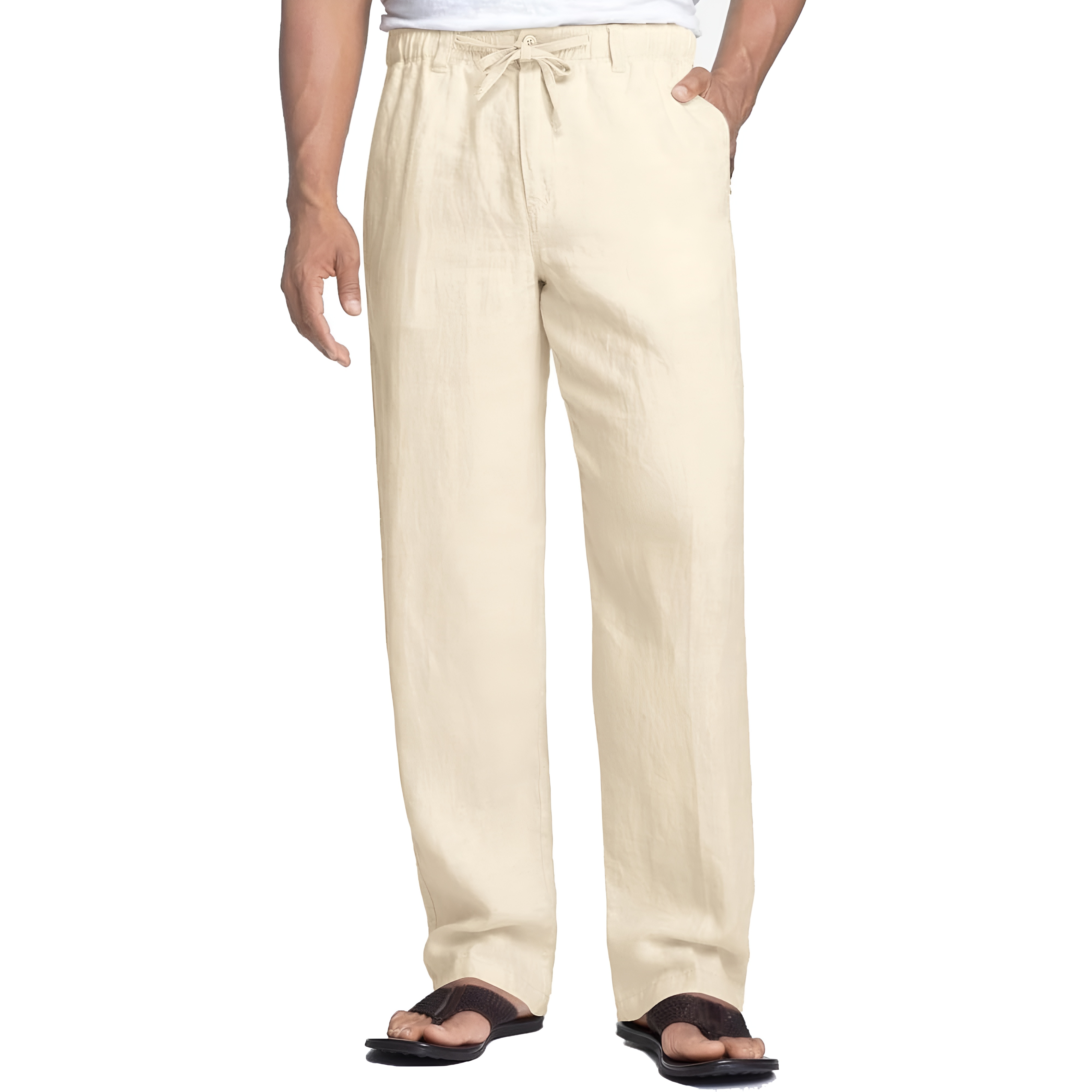 Linen Blend Casual Pants With Drawstring For Men