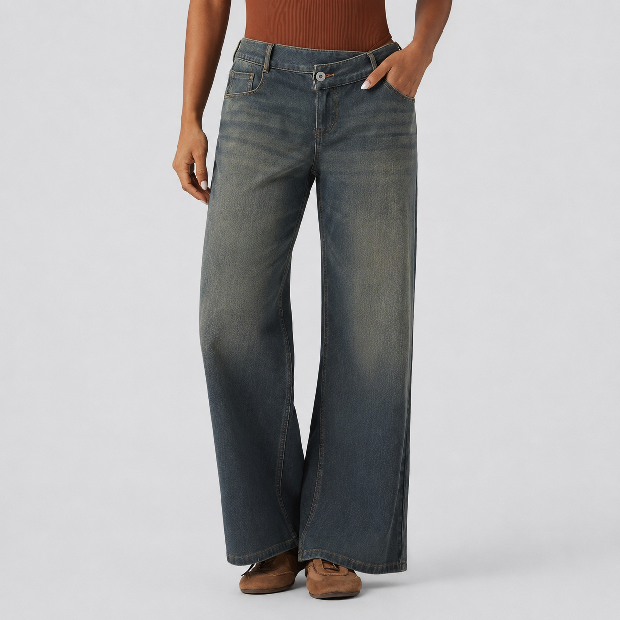 Asymmetric Low Rise Baggy Wide Casual Jeans With Pockets For Women