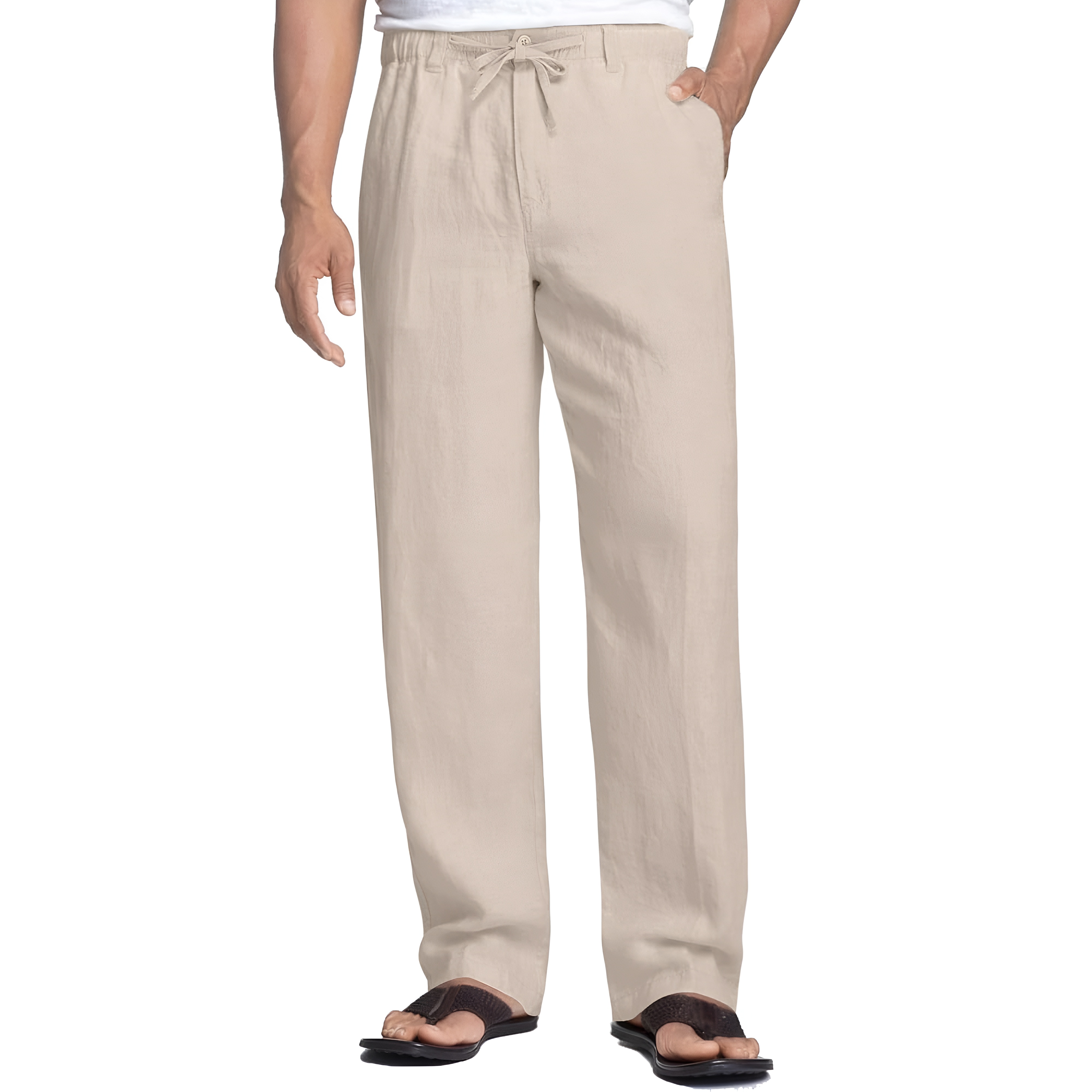 Linen Blend Casual Pants With Drawstring For Men