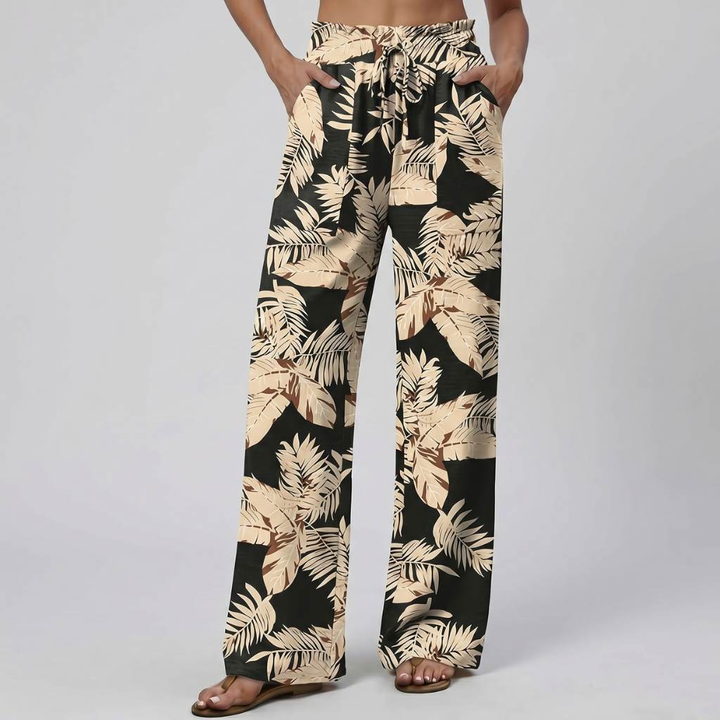 Loose Fit Printed Wide Drawstring Pants With Pockets For Women