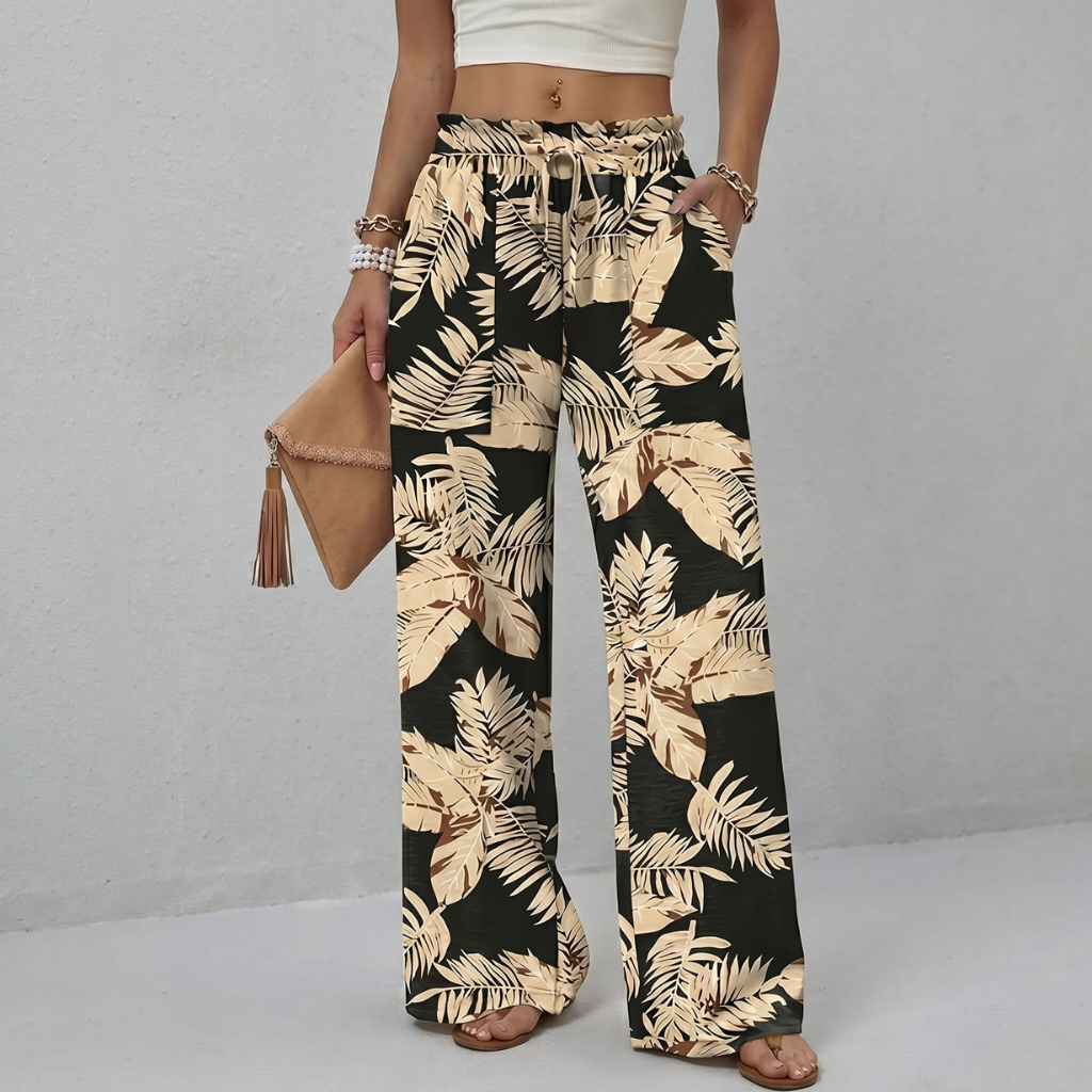 Loose Fit Printed Wide Drawstring Pants With Pockets For Women