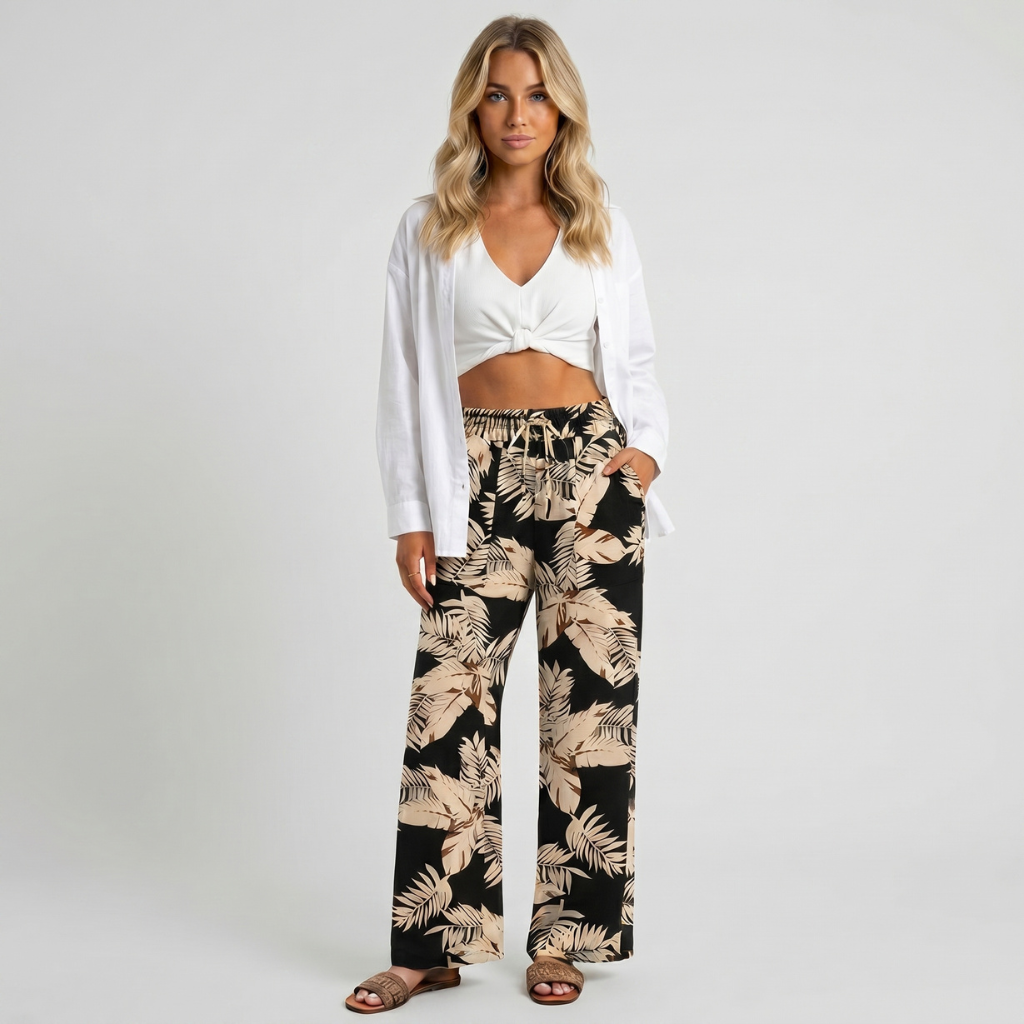 Loose Fit Printed Drawstring Wide Pants With Pockets For Women