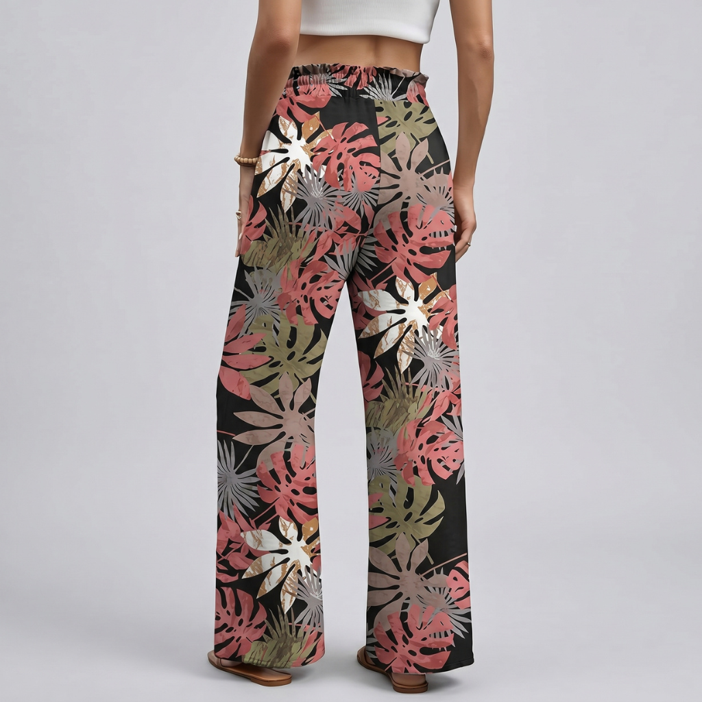 Loose Fit Printed Wide Drawstring Pants With Pockets For Women