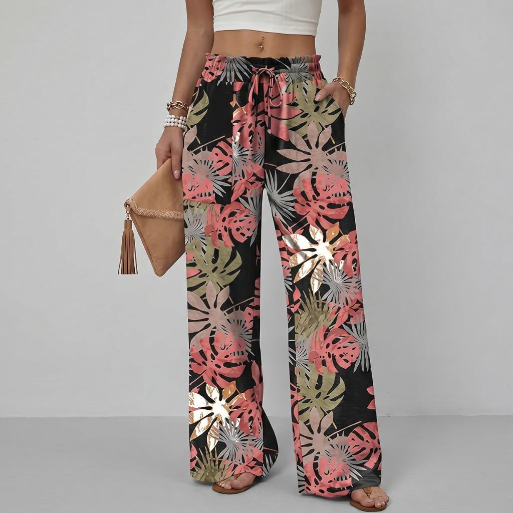Loose Fit Printed Wide Drawstring Pants With Pockets For Women