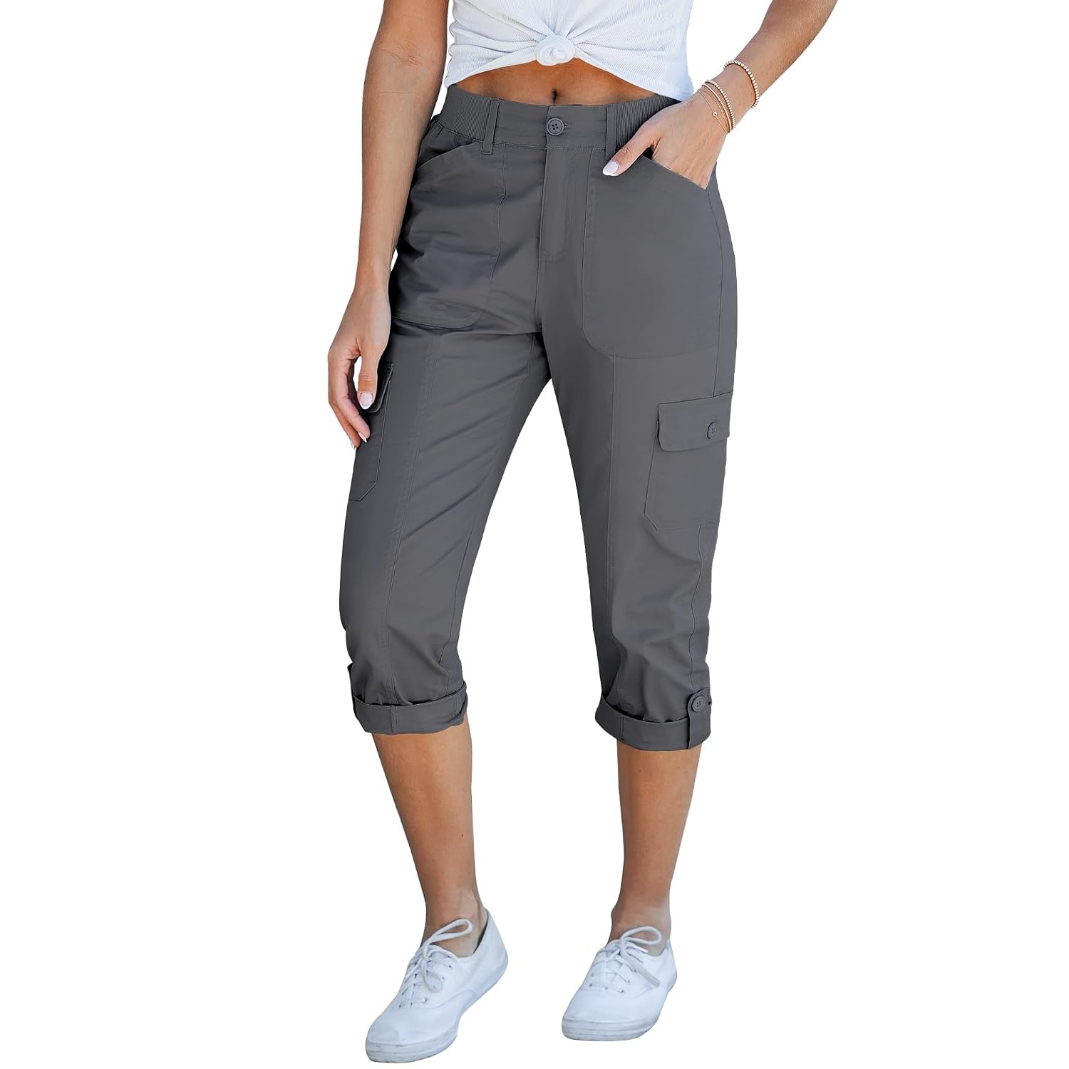 Casual Cargo Capri Pants With Knit Waistband